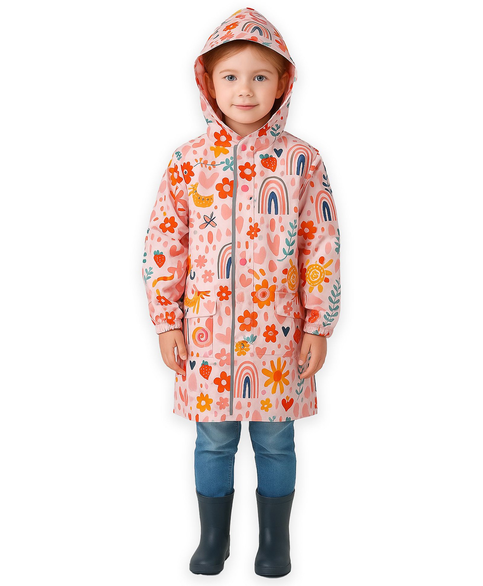Little Surprise Box PVC Full Raglan Sleeves Floral Printed Hooded Cap Style Raincoat - Pink-picture-28