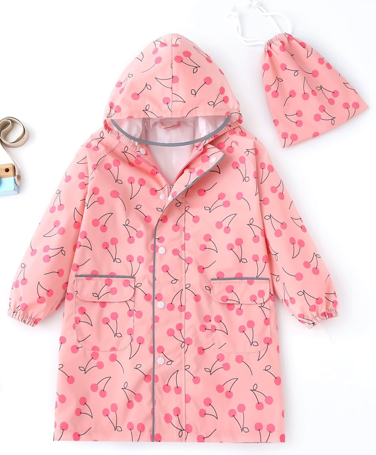 Little Surprise Box PVC Full Raglan Sleeves Cherry Printed Hooded Cap Style Raincoat With Extra Backpack Space & Pouch - Pink-picture-36
