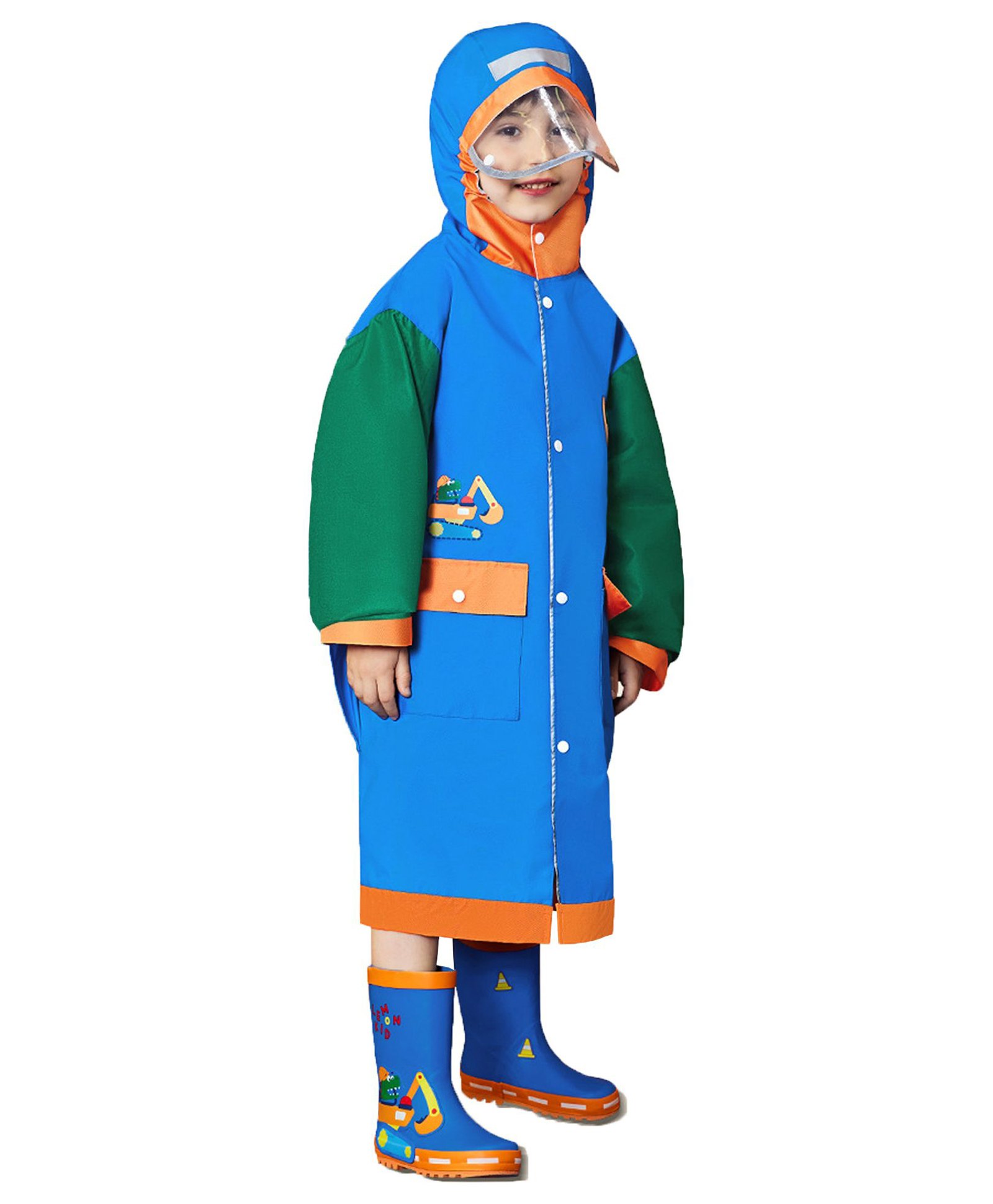 Little Surprise Box PVC Full Raglan Sleeves Construction Vehicles Printed Hooded Cap Style Raincoat With Extra Backpack Space - Green-picture-24