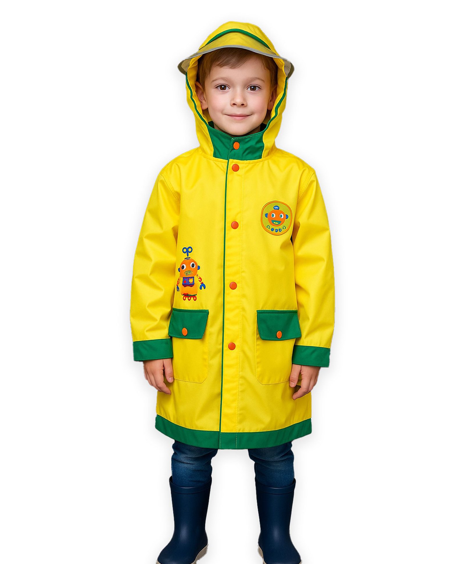 Little Surprise Box PVC Full Raglan Sleeves Robot Printed Hooded Cap Style Raincoat With Extra Backpack Space - Yellow-picture-15