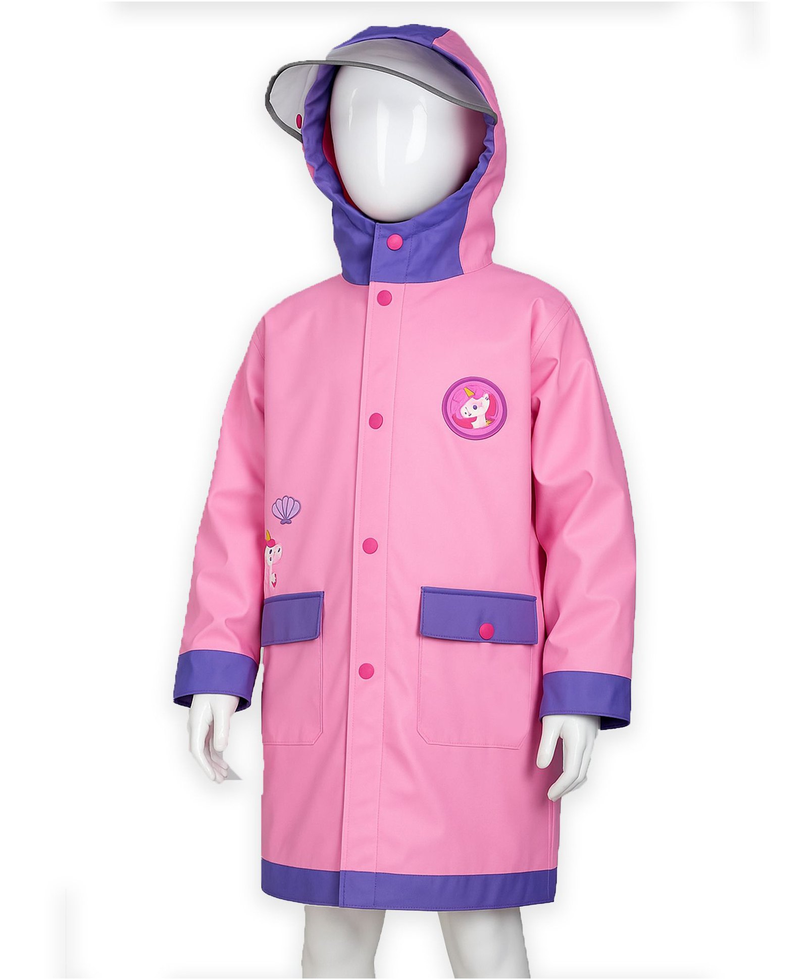 Little Surprise Box PVC Full Sleeves Unicorn Patch Detailed Hooded Glow In The Dark Cap Style Raincoat With Extra Backpack Space & Face Shield - Pink-picture-10