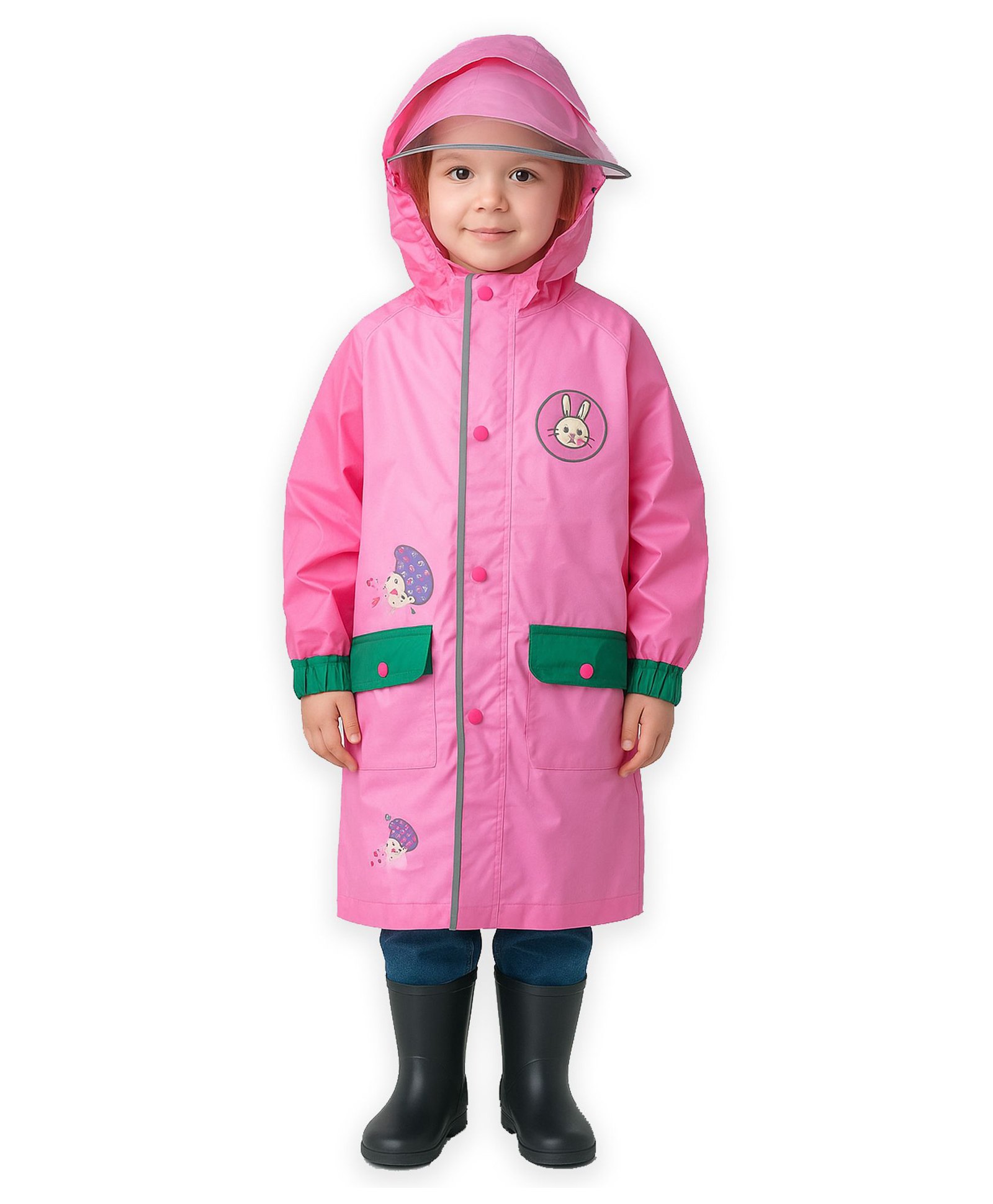 Little Surprise Box PVC Full Sleeves Rabbit Patch Detailed Hooded Cap Style Glow In The Dark Raincoat With Extra Backpack Space & Face Shield - Pink-picture-28