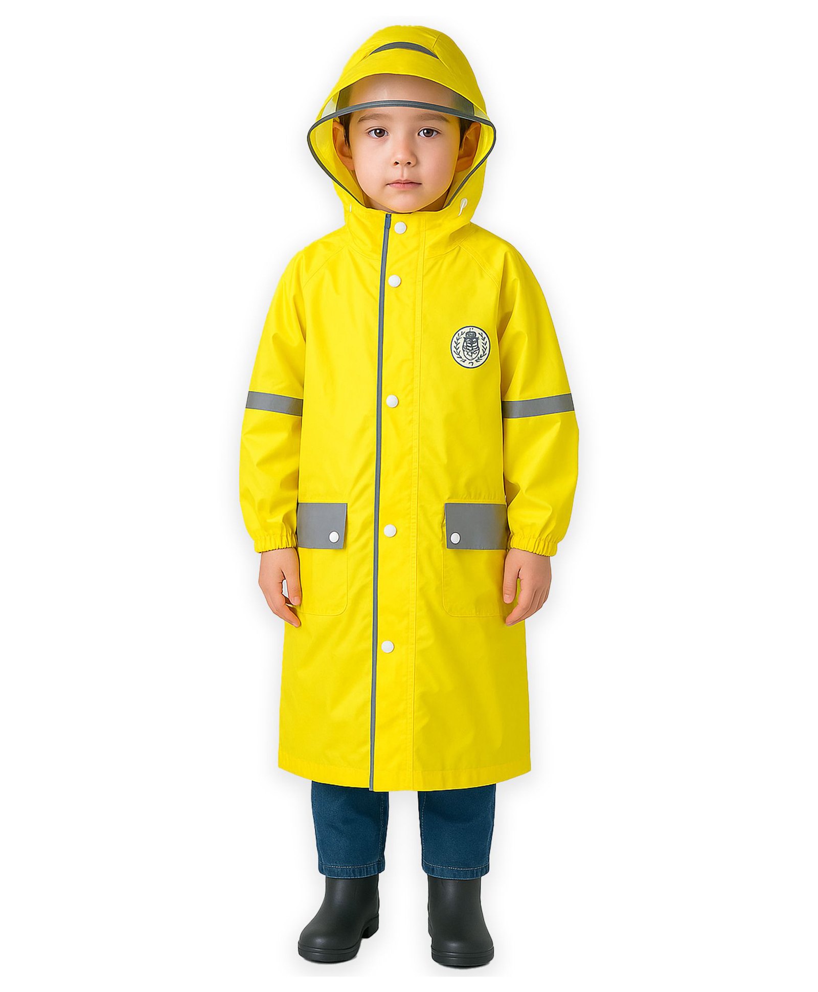 Little Surprise Box PVC Full Sleeves Abstract Patch Detailed Hooded Cap Style Raincoat With Extra Backpack Space - Grey & Yellow-picture-26