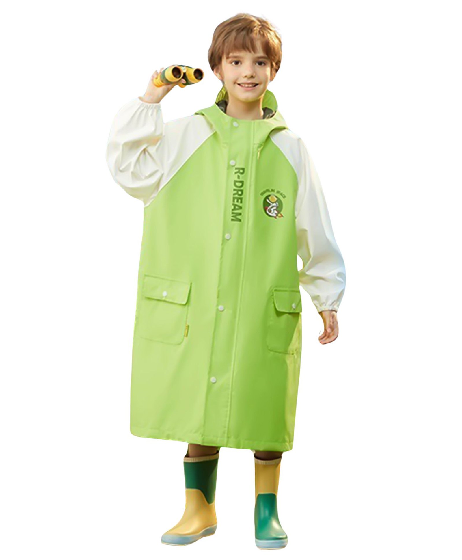 Little Surprise Box PVC Full Raglan Sleeves R Dream Text Printed Hooded Cap Style Raincoat With Extra Backpack Space - Green-picture-33