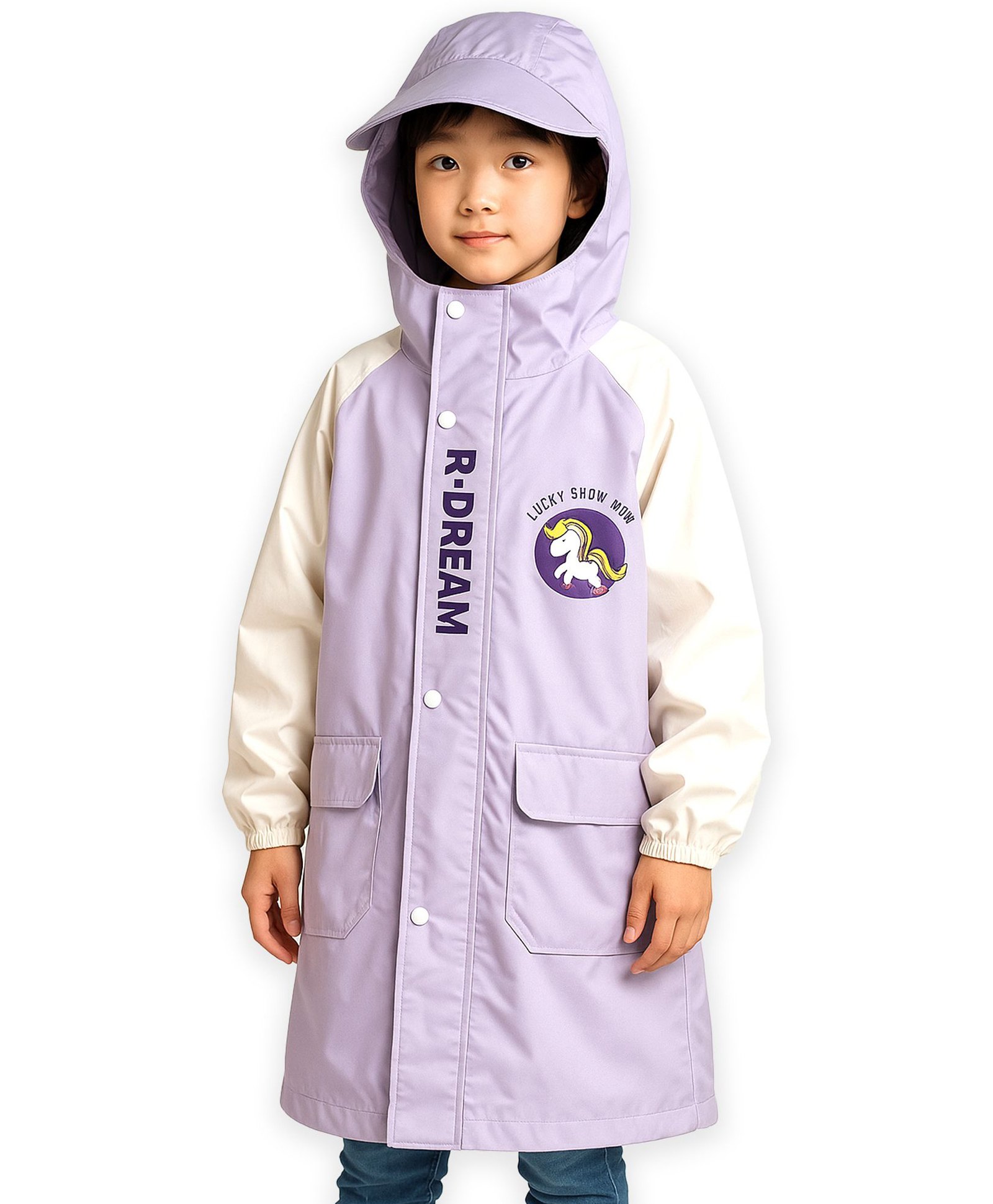 Little Surprise Box PVC Full Raglan Sleeves Unicorn Printed Hooded Cap Style Raincoat With Extra Backpack Space - Purple-picture-38