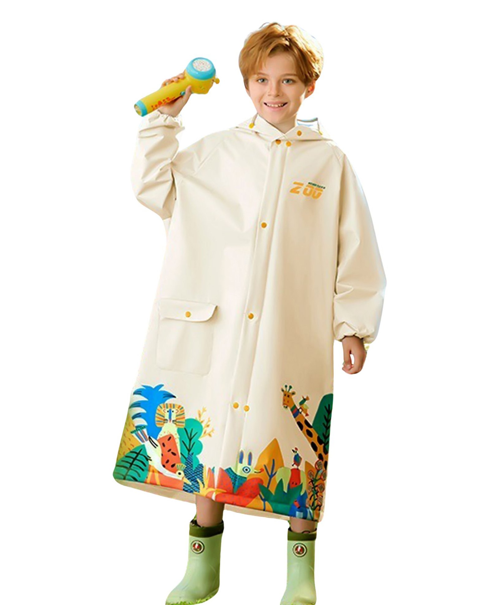 Little Surprise Box PVC Full Raglan Sleeves Animals Printed Hooded Raincoat With Extra Backpack Space - Cream-picture-16