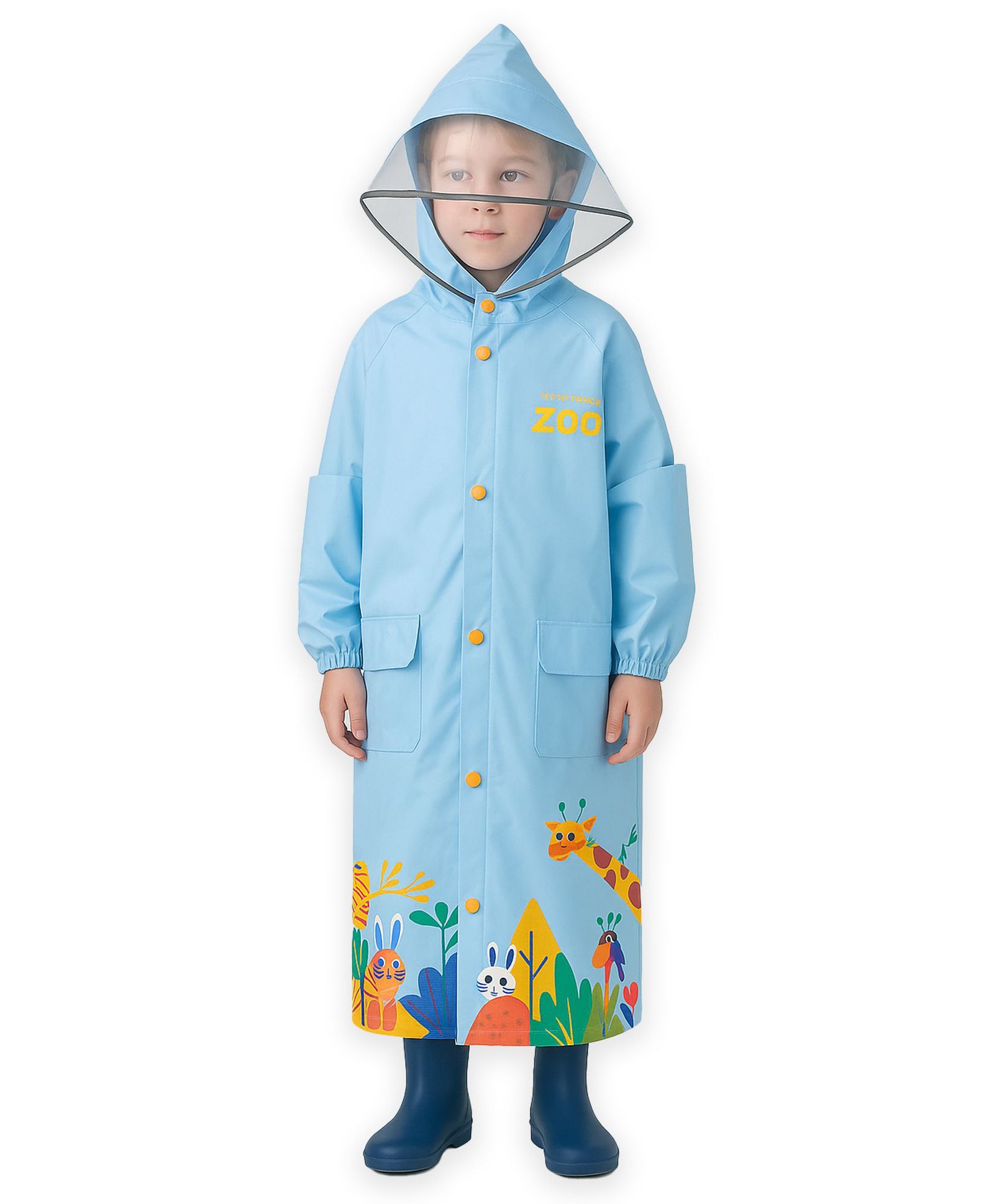 Little Surprise Box PVC Full Sleeves Animals Printed Hooded Raincoat With Extra Backpack Space - Blue