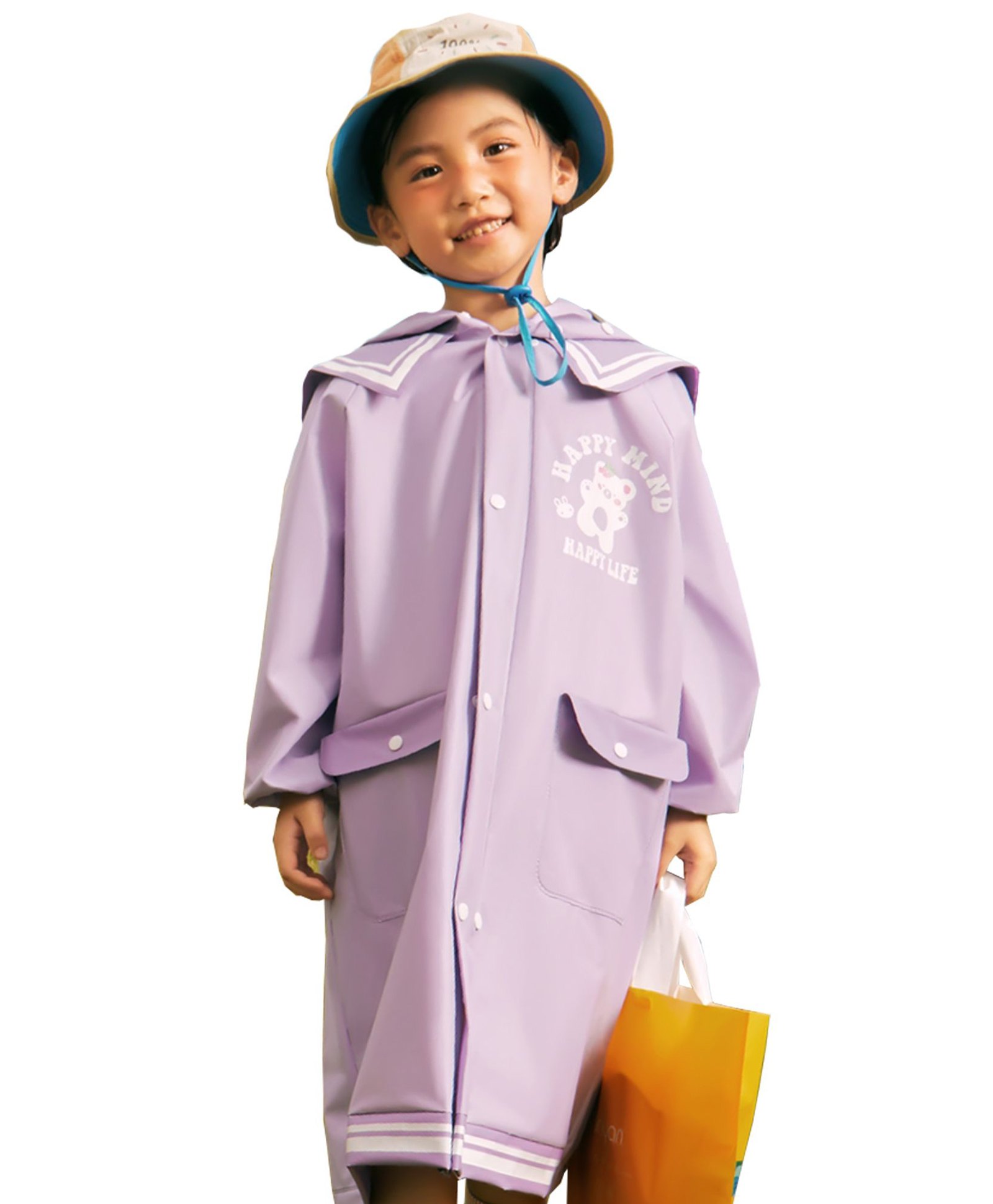 Little Surprise Box PVC Full Sleeves Happy Mind Happy Life Text Printed Hooded Raincoat With Extra Backpack Space - Purple-picture-29