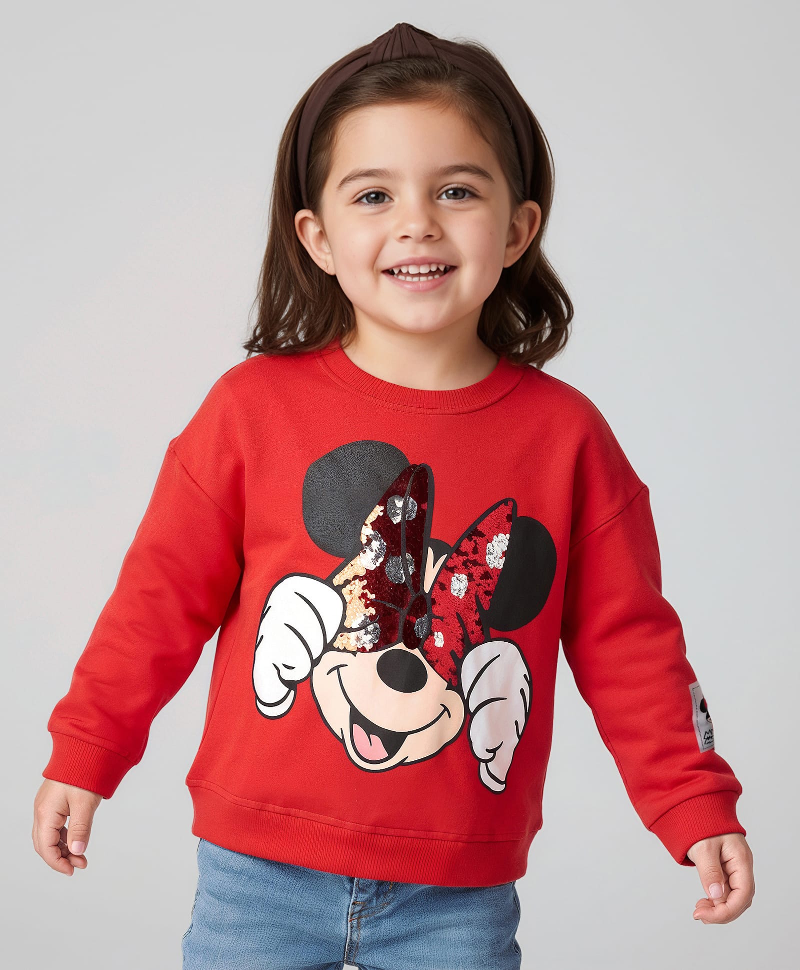 Babyhug Terry Knit Full Sleeves Sweatshirt With Minnie Mouse Graphics & Reversible Sequins - Red-image-1
