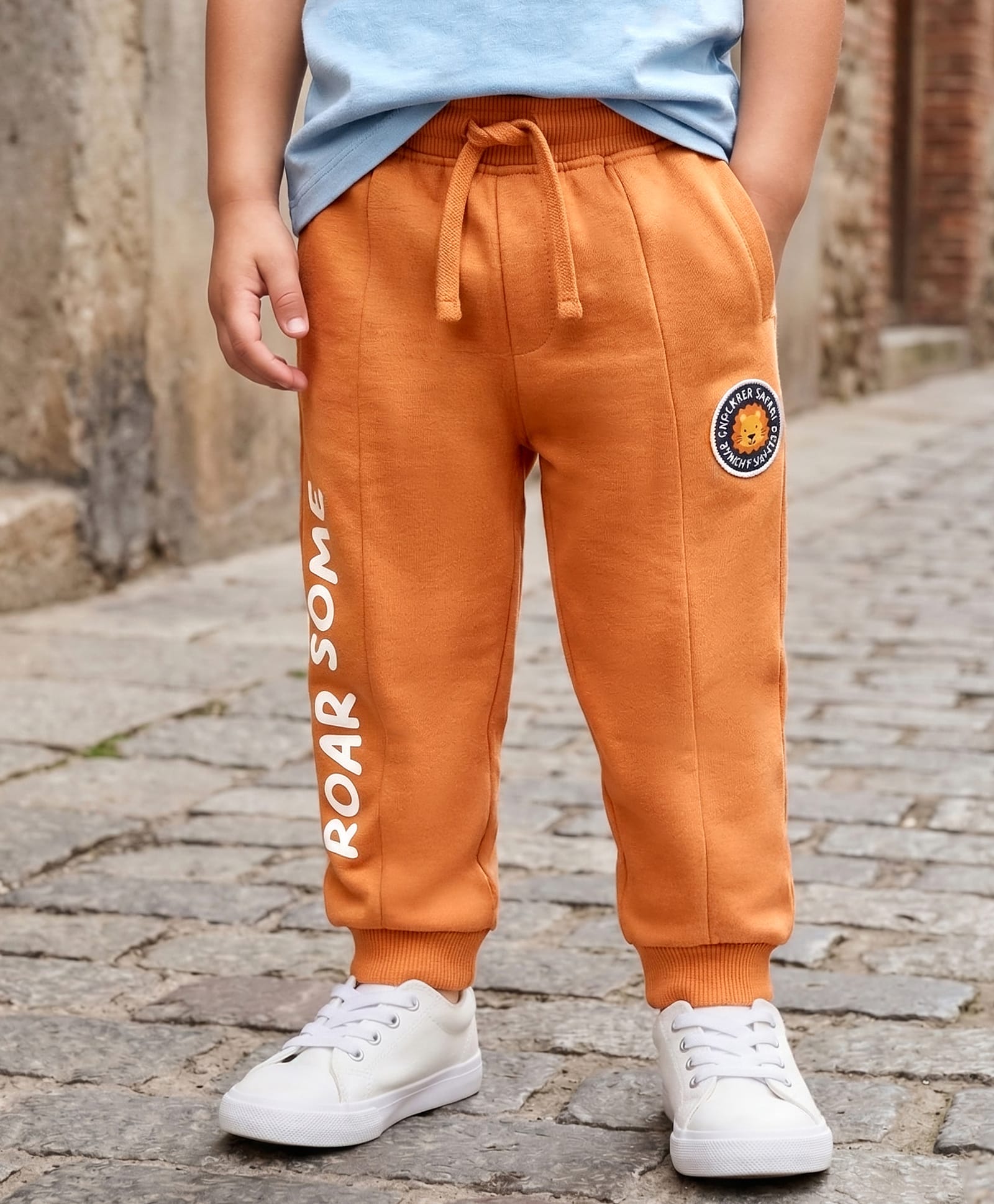 Babyhug Terry Cotton Knit Full Length Text Printed Cut & Sew Lounge Pant With Animal Patch - Rust Orange-picture-17