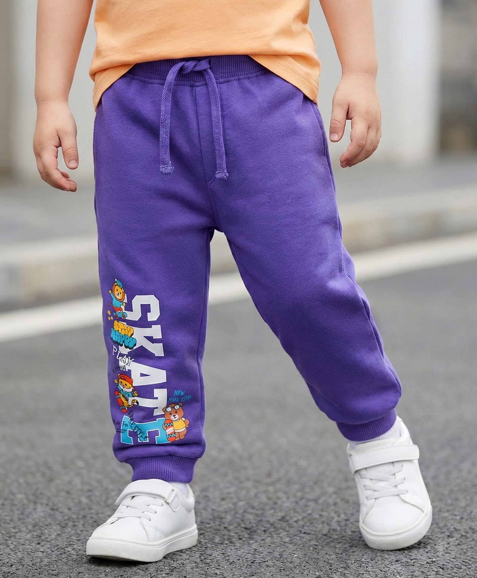 Babyhug French Terry Knit Full Length Lounge Pant With Text Print - Purple-picture-24