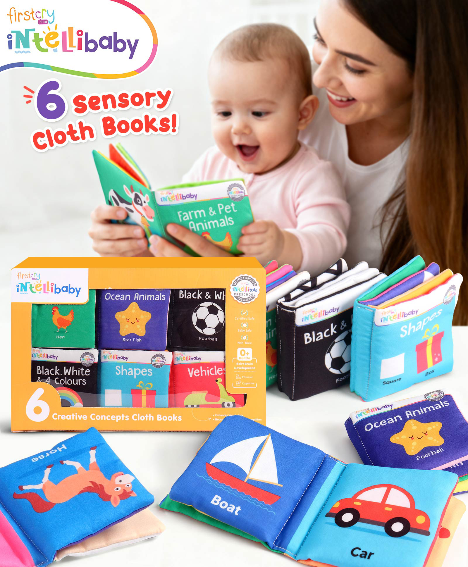Intellibaby Creative Concepts Cloth Books-Set of 6 | Early Learning - Shapes,Vehicles,Ocean Animals,Farm & Pet Animals,Black N White & 4 Colours | Safe & Durable | For Gifting | Educator Recommended