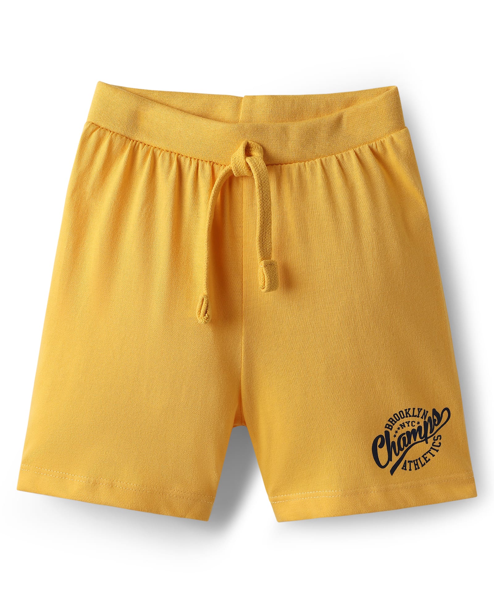 Babyhug Single Jersey Knit Mid Thigh Shorts With Champs Text Print - Yellow-picture-23