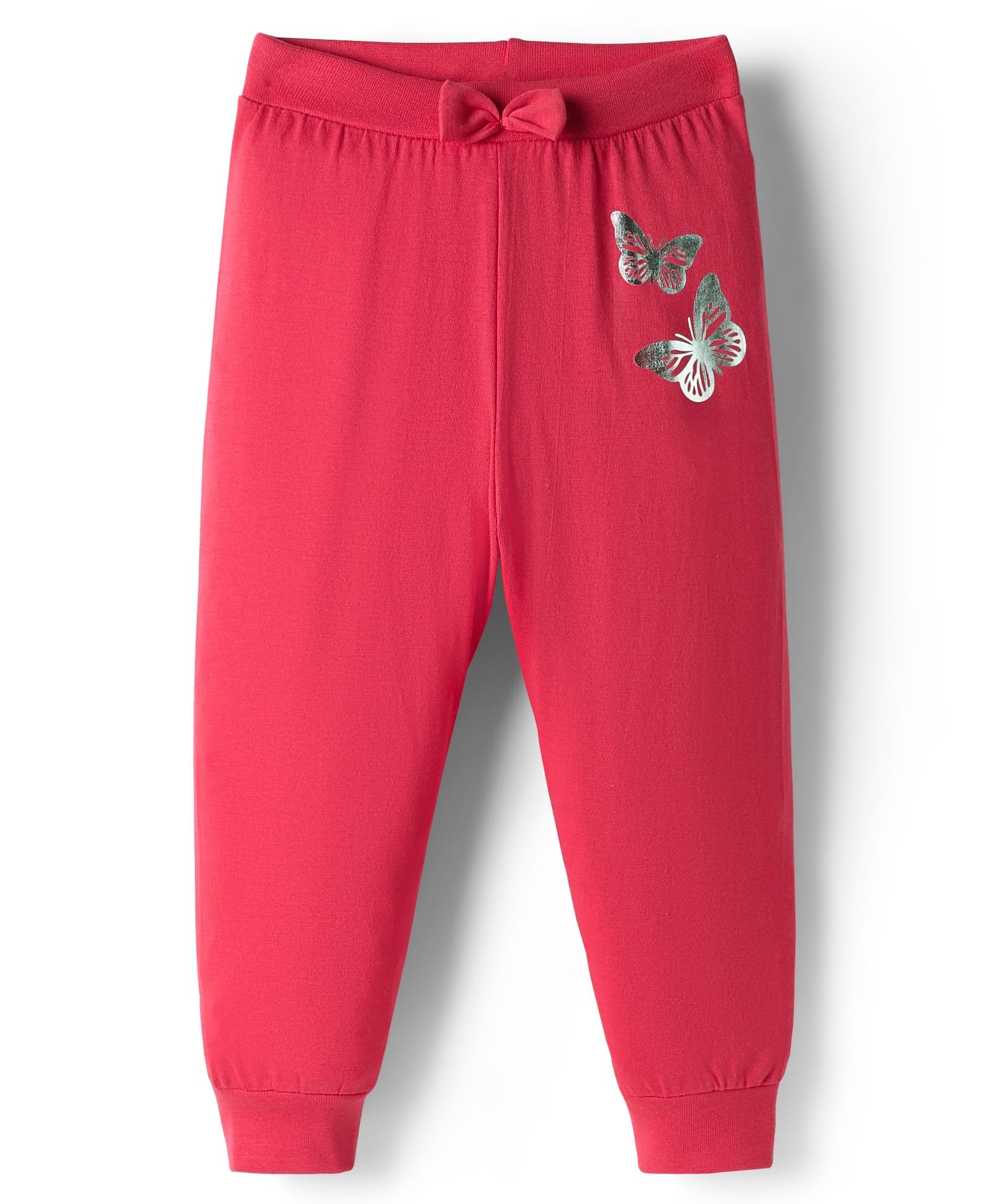 Babyhug Single Jersey Knit Full Length Lounge Pant with Bow Applique & Butterfly Print - Red-picture-19