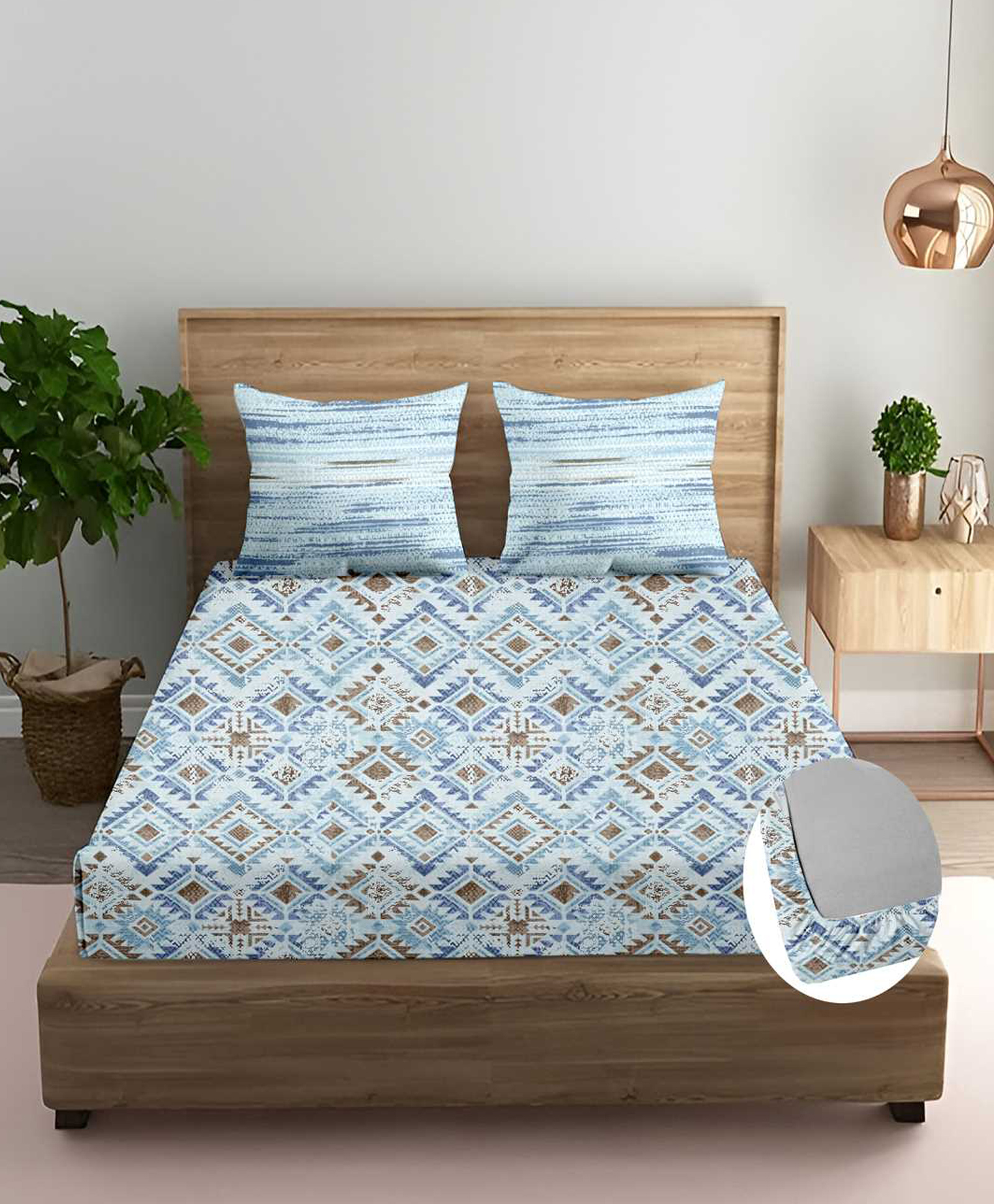 Trance Home Linen Silken Mosaic Blue Cotton 180TC 78x48 inch Fitted Bedsheet 2 Pillow Covers-picture-30