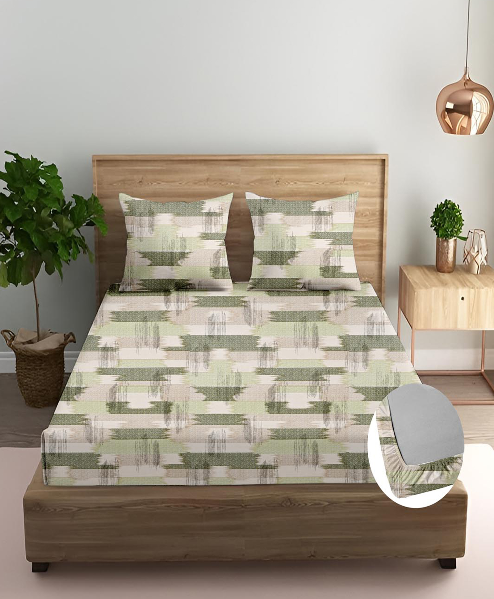 Trance Home Linen Echo Green Cotton 180TC 78x48 inch Fitted Bedsheet 2 Pillow Covers-picture-18