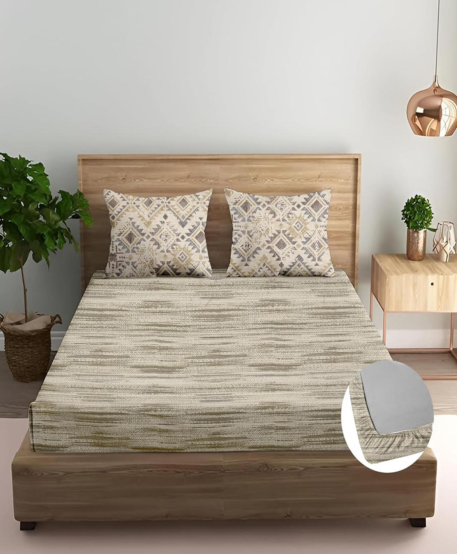 Trance Home Linen Dhariya Taupe Cotton 180TC 78x48 inch Fitted Bedsheet 2 Pillow Covers-picture-36