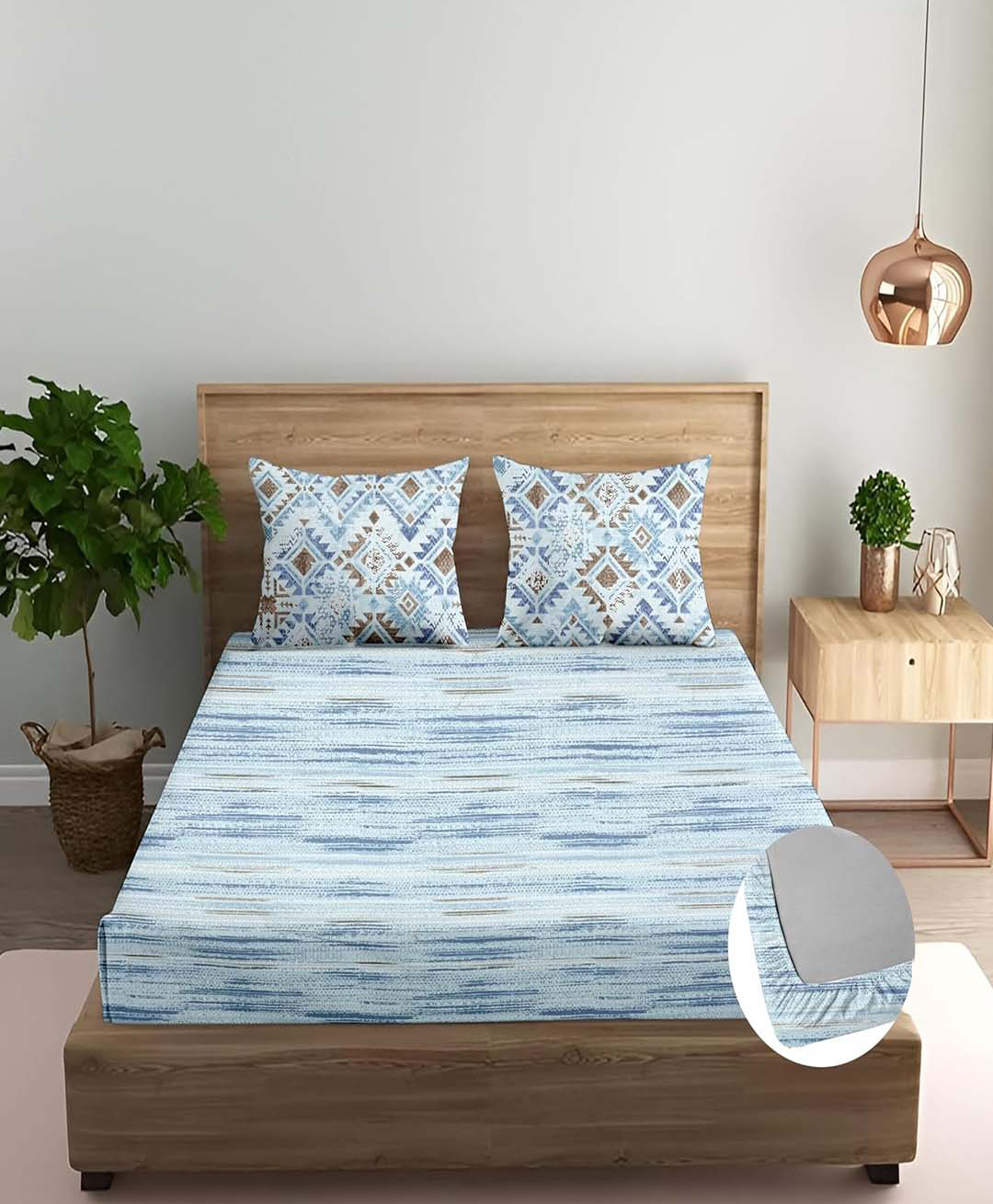 Trance Home Linen Dhariya Blue Cotton 180TC Queen Fitted Bedsheet 2 Pillow Covers-image-6