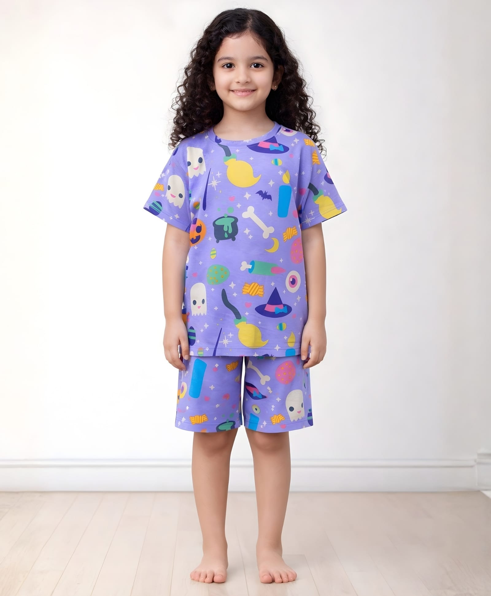 Anthrilo 100% Organic Cotton Knit Half Sleeves Ghost & Pumpkin Printed Coordinating Night Suit Set - Purple-picture-20