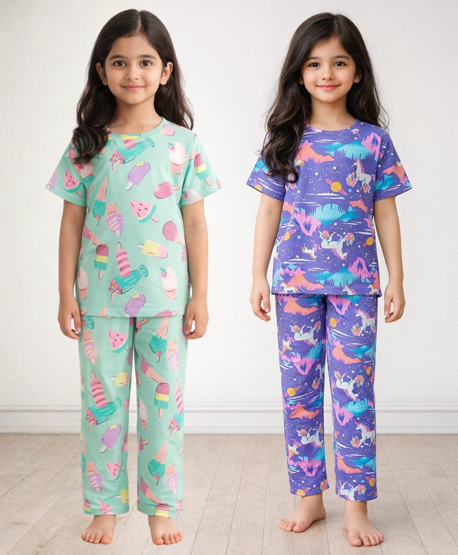 Anthrilo 100% Organic Cotton Knit Pack Of 2 Half Sleeves Unicorn & Ice Cream Printed Coordinating Night Suit Sets - Aqua & Purple-image-11