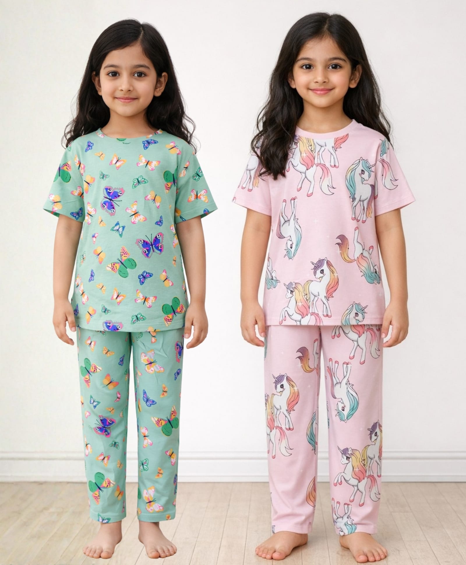 Anthrilo 100% Organic Cotton Knit Pack Of 2 Half Sleeves Unicorn & Butterfly Printed Coordinating Night Suit Sets - Pink & Green-image-47