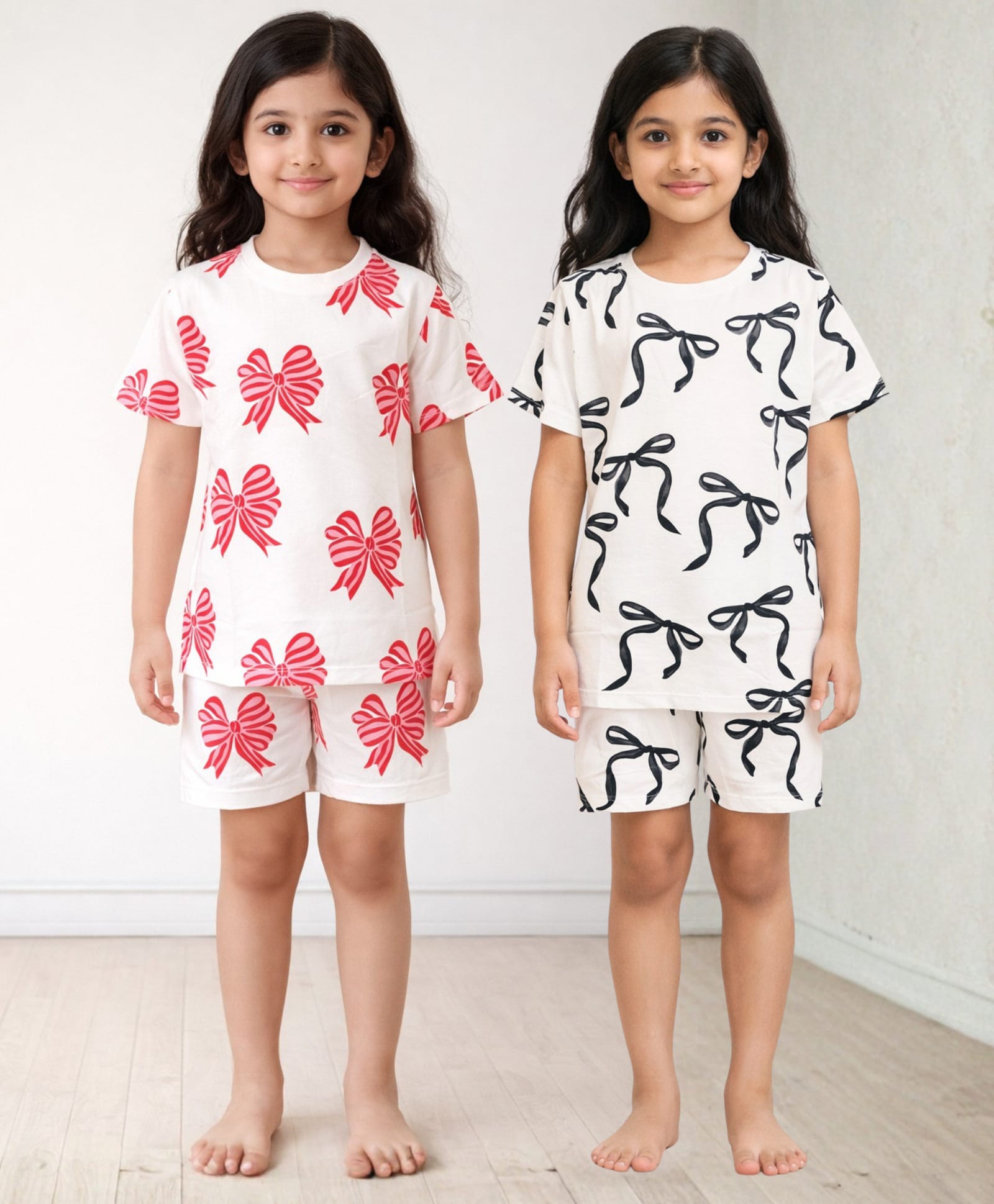 Anthrilo Cotton Knit Pack Of 2 Half Sleeves Bow Printed Coordinating Night Suits - White-picture-27