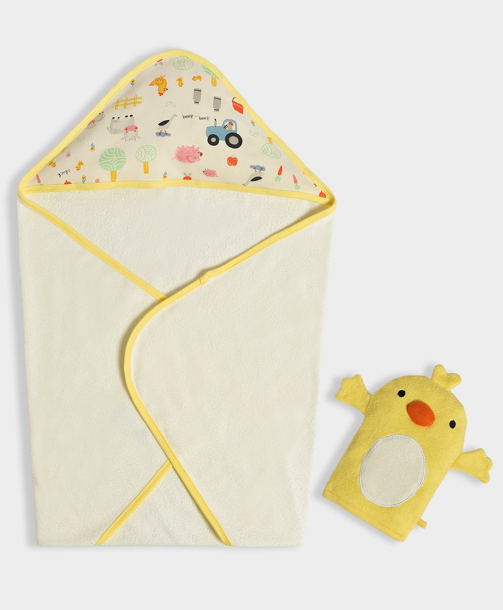 Mi Arcus Knit Farm Printed Bath Towel With Duck Designed Mittens Set - Yellow-image-3
