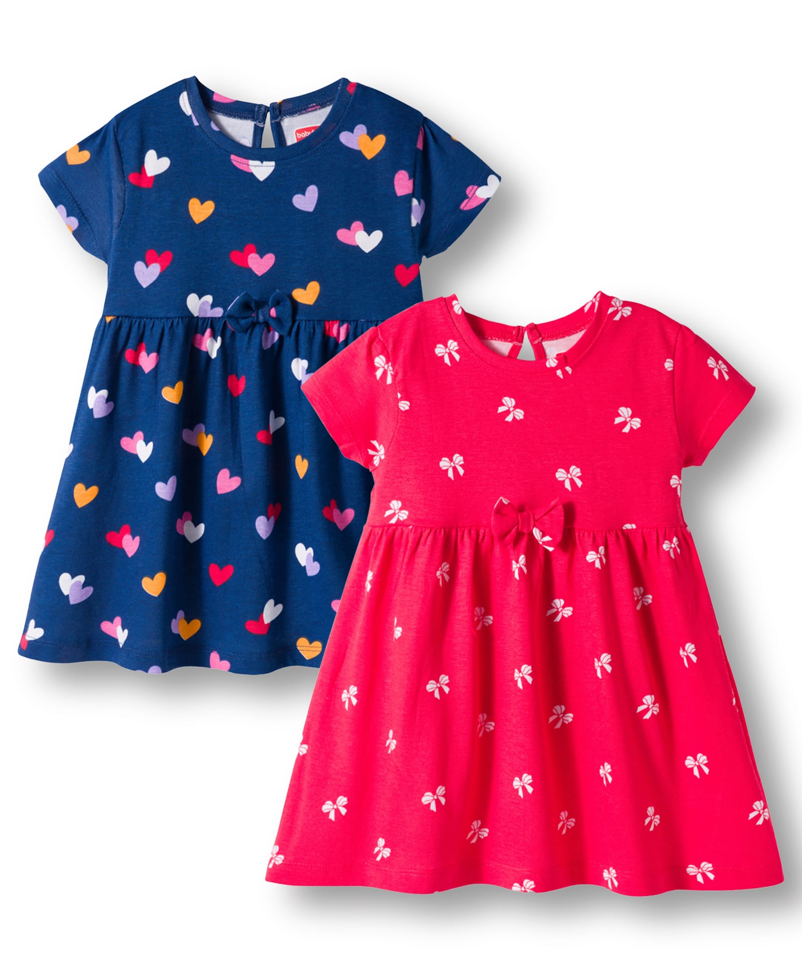 Babyhug Single Jersey Knit Half Sleeves Heart & Bow Printed Frocks With Bow Applique Pack of 2 - Navy Blue & Dark Pink-image-43