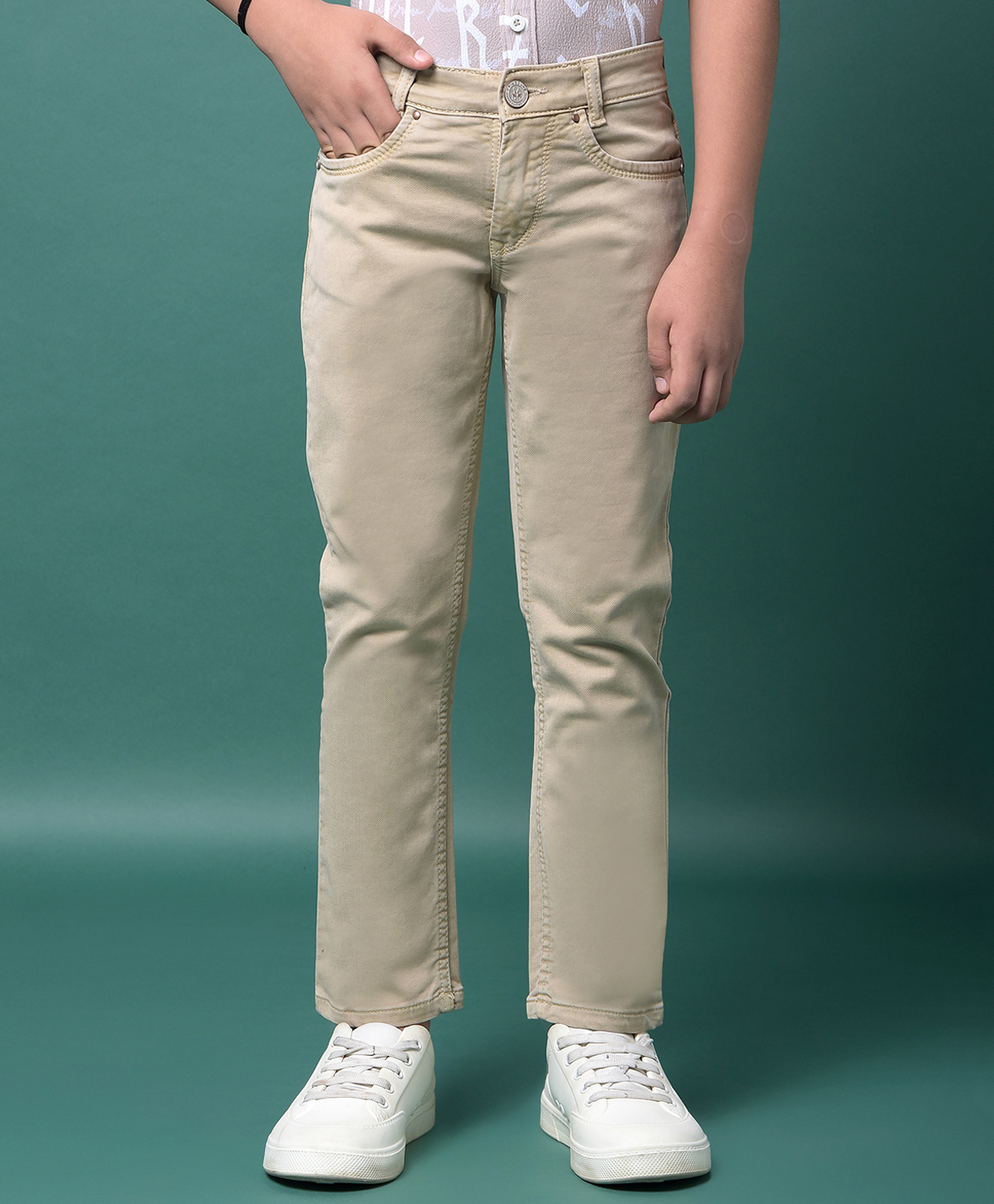 CRIMSOUNE CLUB Cotton Woven Solid Jeans - Beige-picture-42