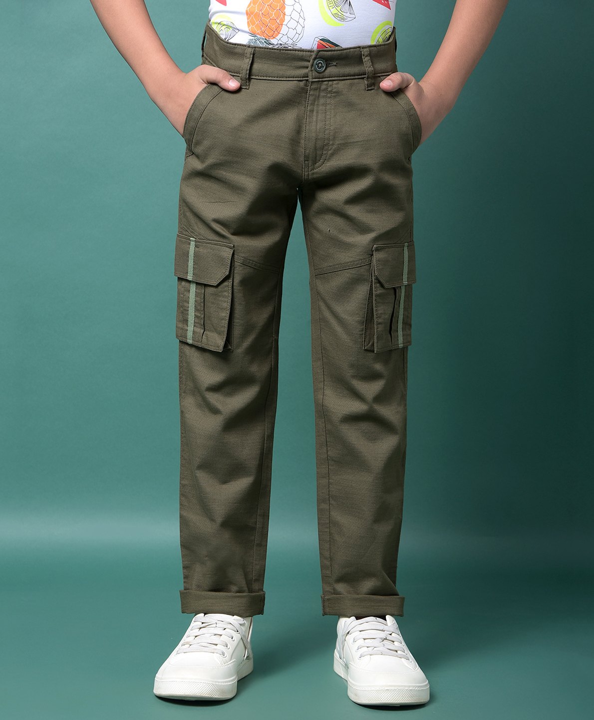 CRIMSOUNE CLUB Cotton Woven Solid Cargo Trousers - Olive Green-picture-16