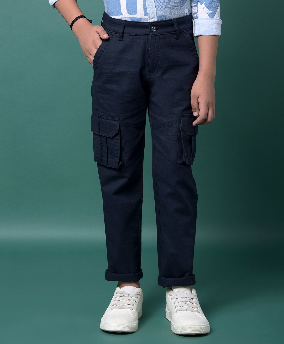 CRIMSOUNE CLUB Cotton Woven Solid Cargo Trousers - Navy Blue-picture-18