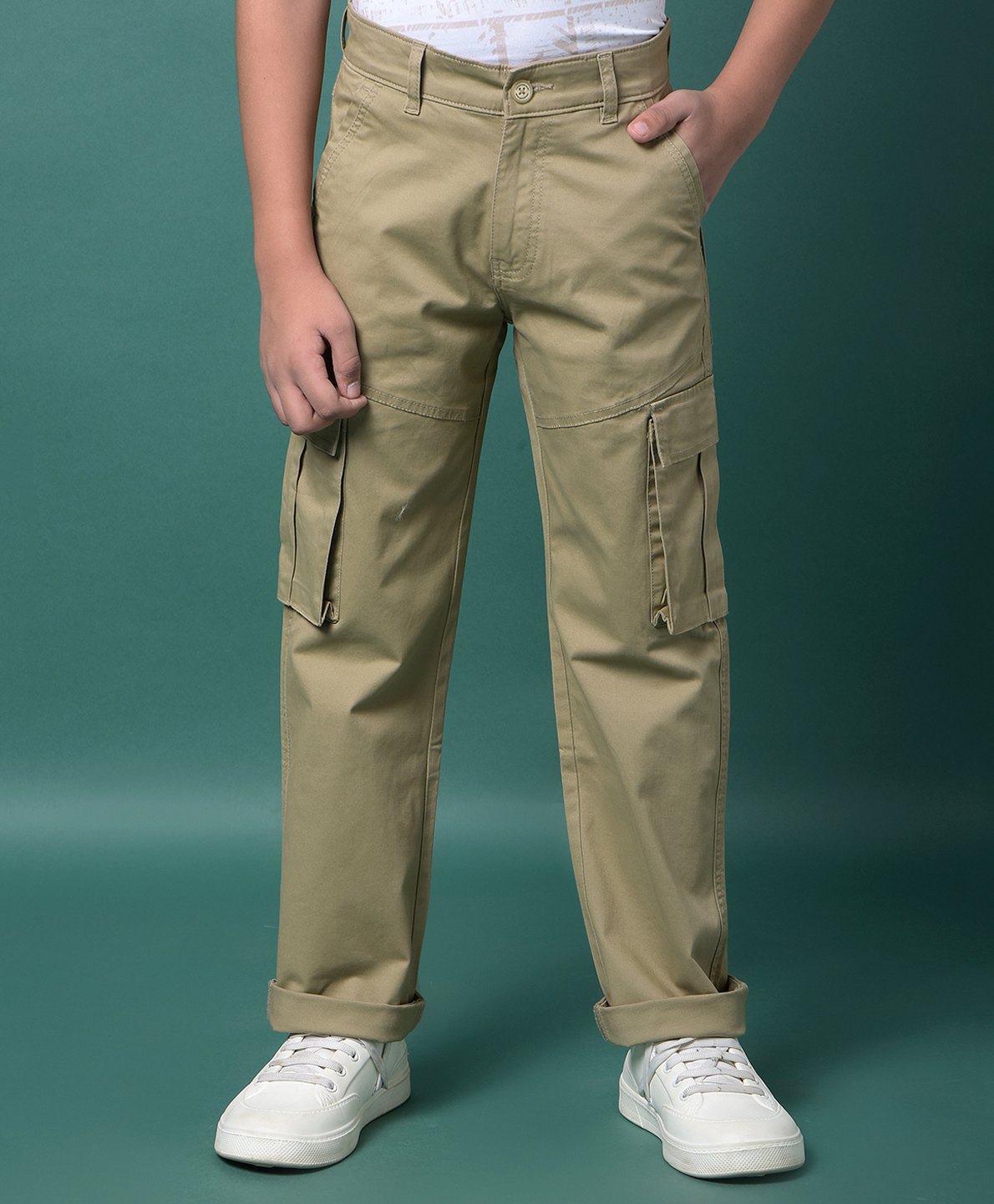 CRIMSOUNE CLUB Cotton Woven Solid Cargo Trousers - Beige-picture-21