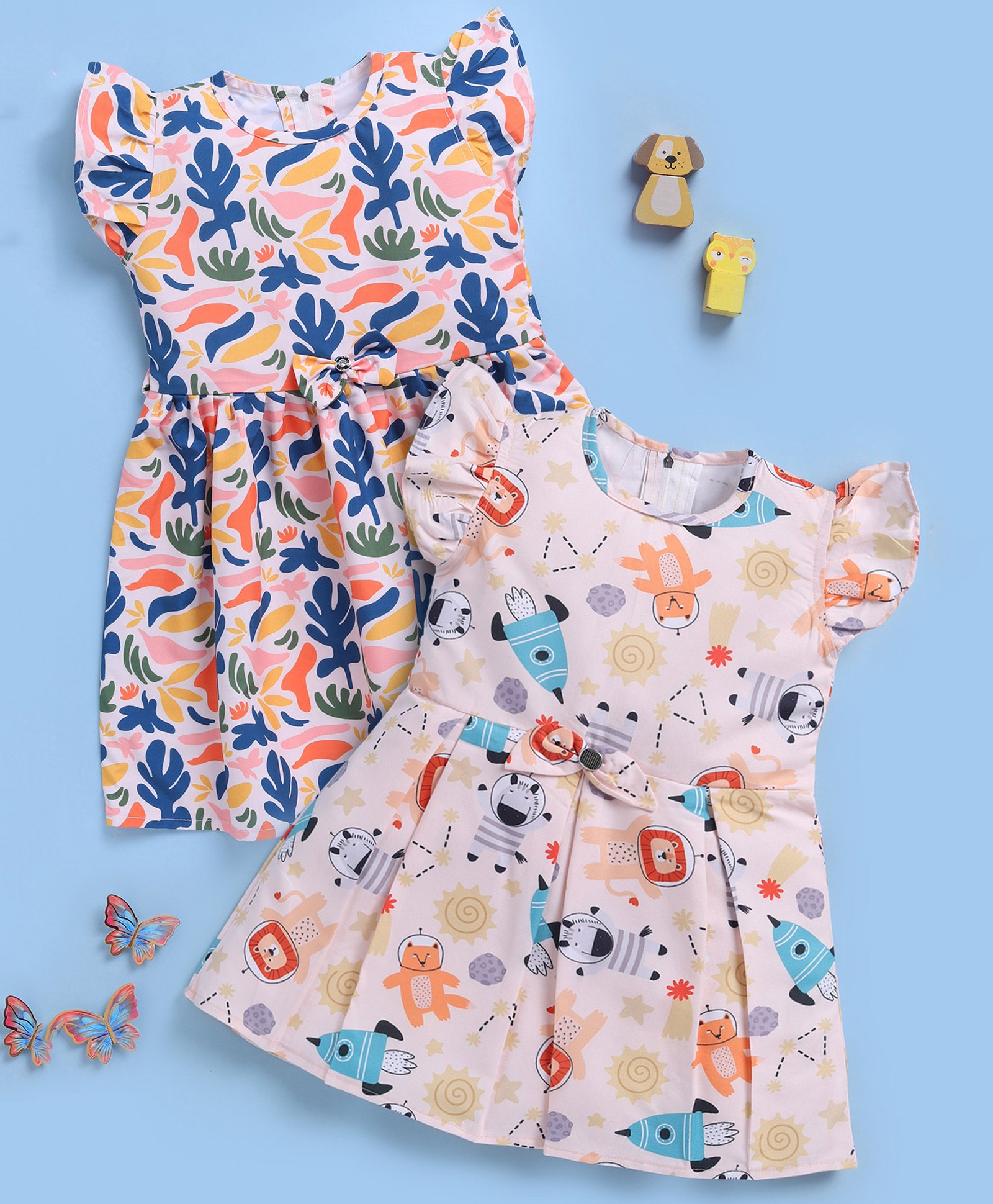 TOONYPORT Cotton Knit Pack Of 2 Frill Sleeves Space Theme & Leaves Printed Dresses - Multi Colour-picture-27
