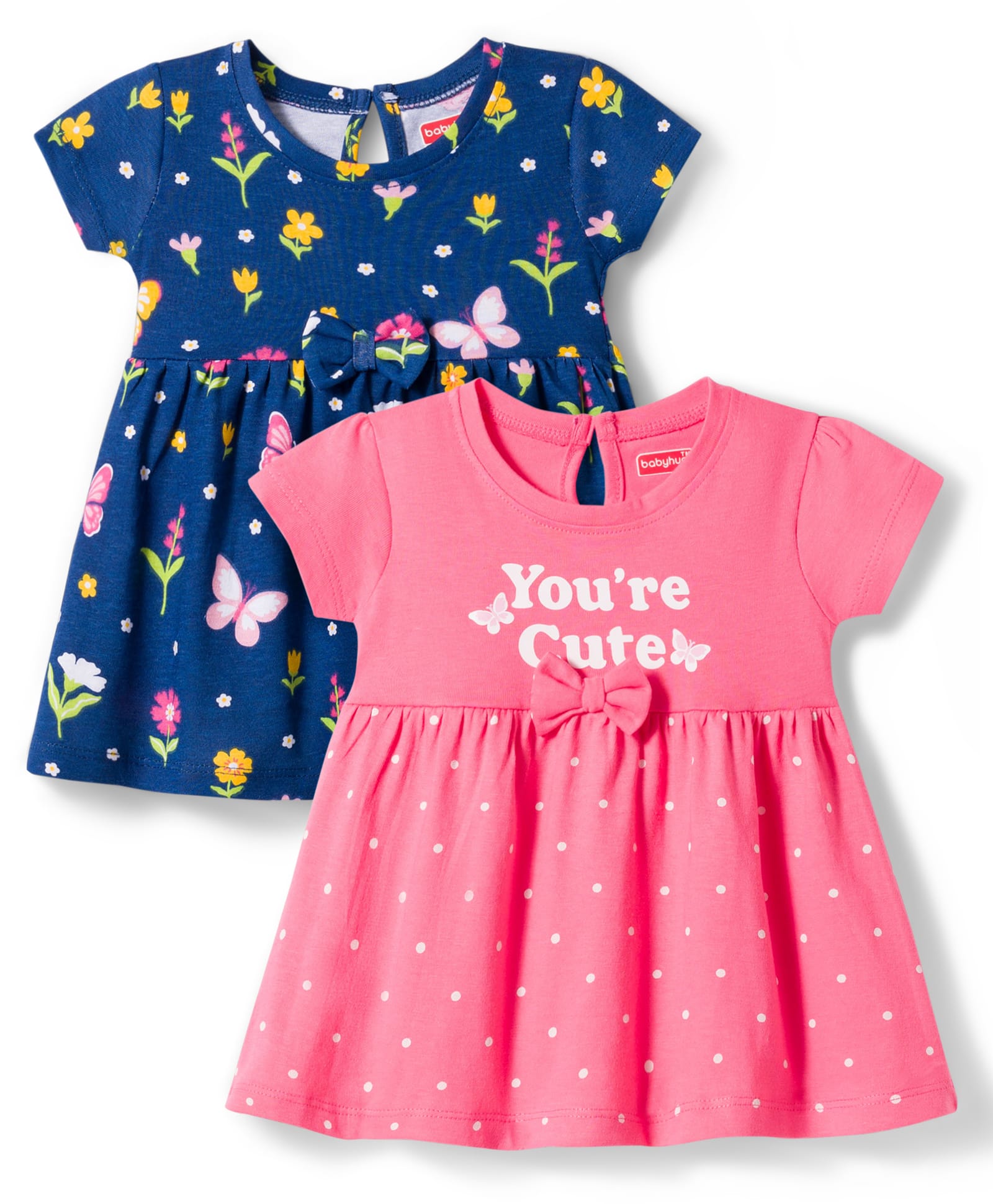 Babyhug Single Jersey Knit Half Sleeves Floral & Polka Dot Printed Frocks with Bow Applique Pack of 2 - Navy Blue & Pink-picture-27