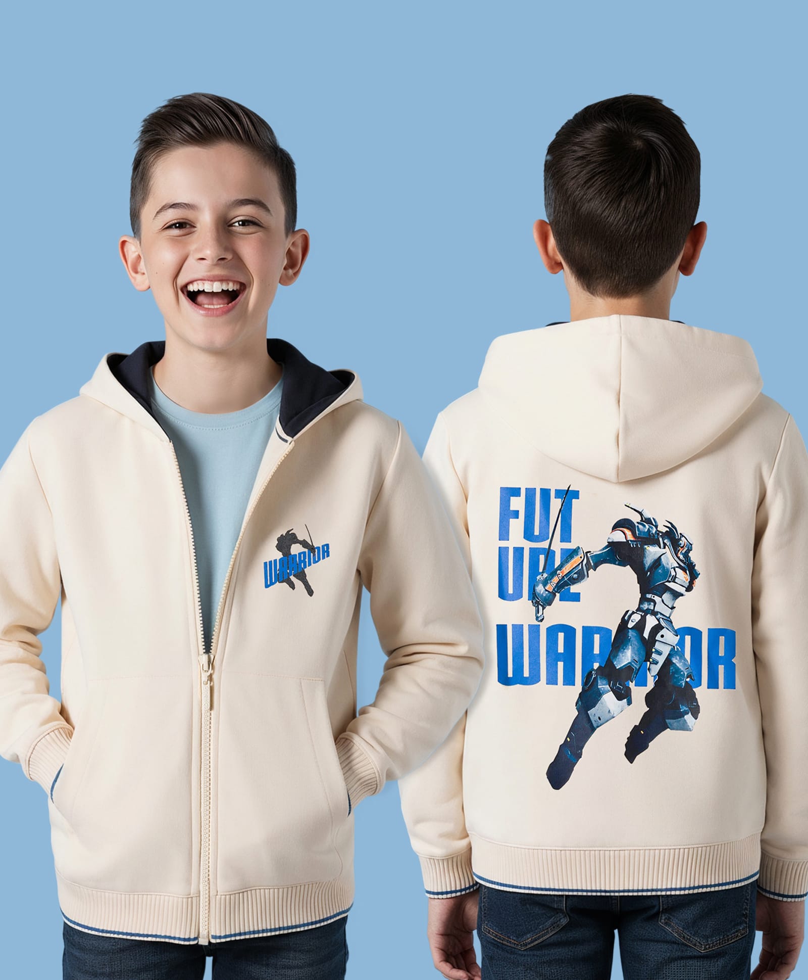 Pine Kids Knit Full Sleeves Hooded SweatJacket with Front & Back Text Graphic - Off White-picture-40
