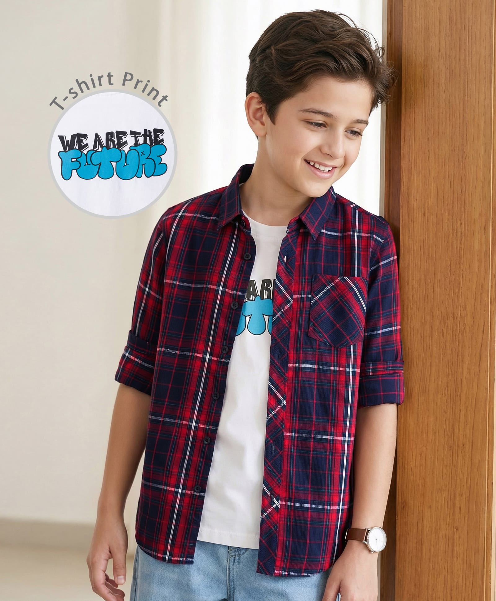 Pine Kids Cotton Woven Full Sleeves Check Shirt with Inner T-Shirt - Red & White
