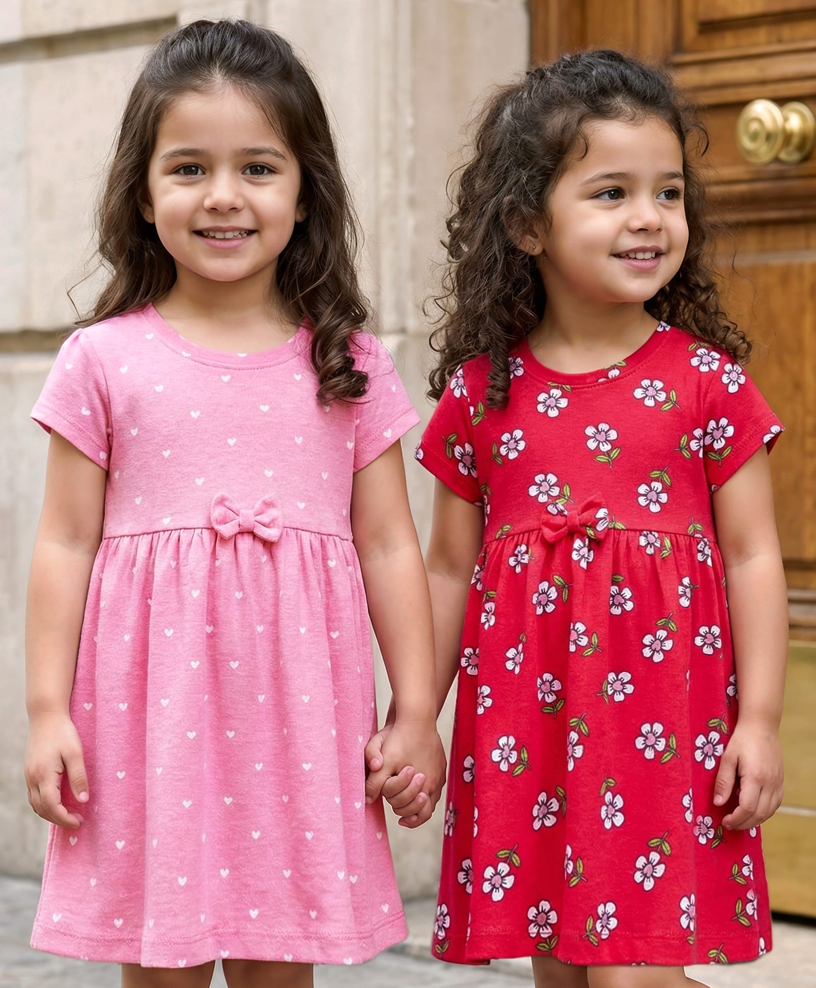 Babyhug Single Jersey Knit Half Sleeves Frocks with Bow Applique & Floral Print Pack of 2 - Red & Pink