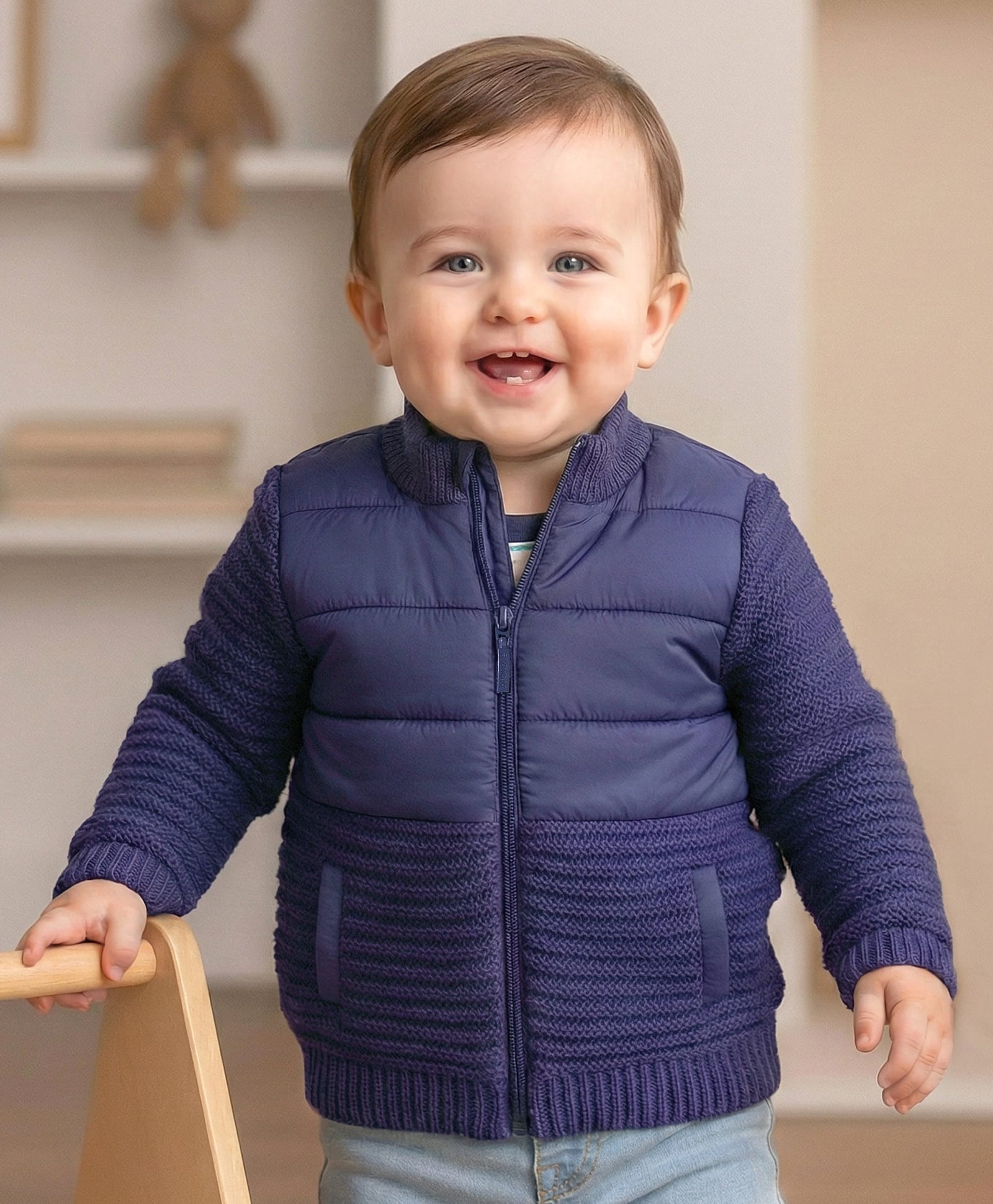 Babyoye Knit Full Sleeves Solid Color Padded Jacket - Navy Blue-image-13