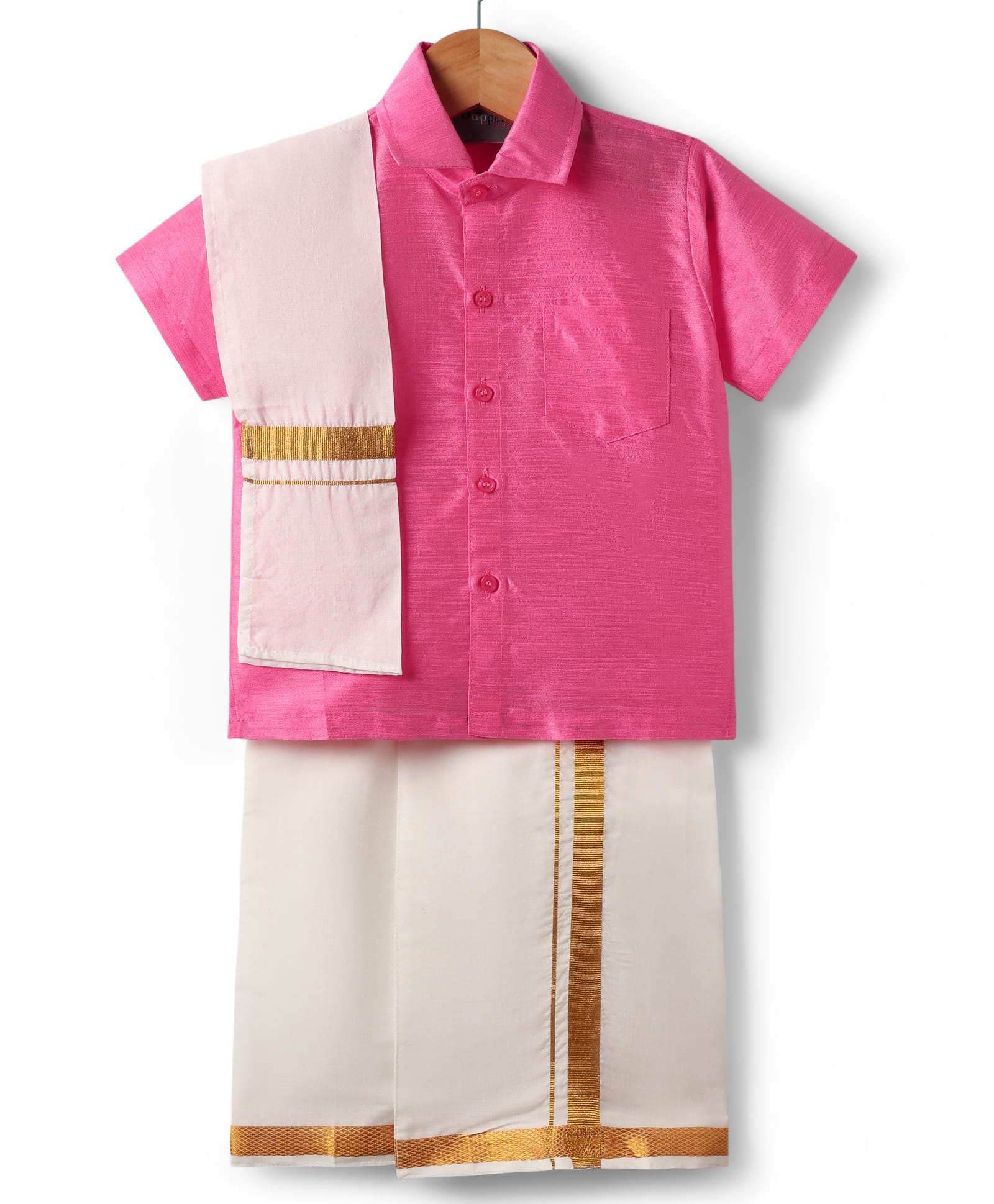Dapper Dudes Cotton Silk Woven Half Sleeves Solid Shirt With Placement Foil Striped Mundu & Angavastram Set - Pink-image-25