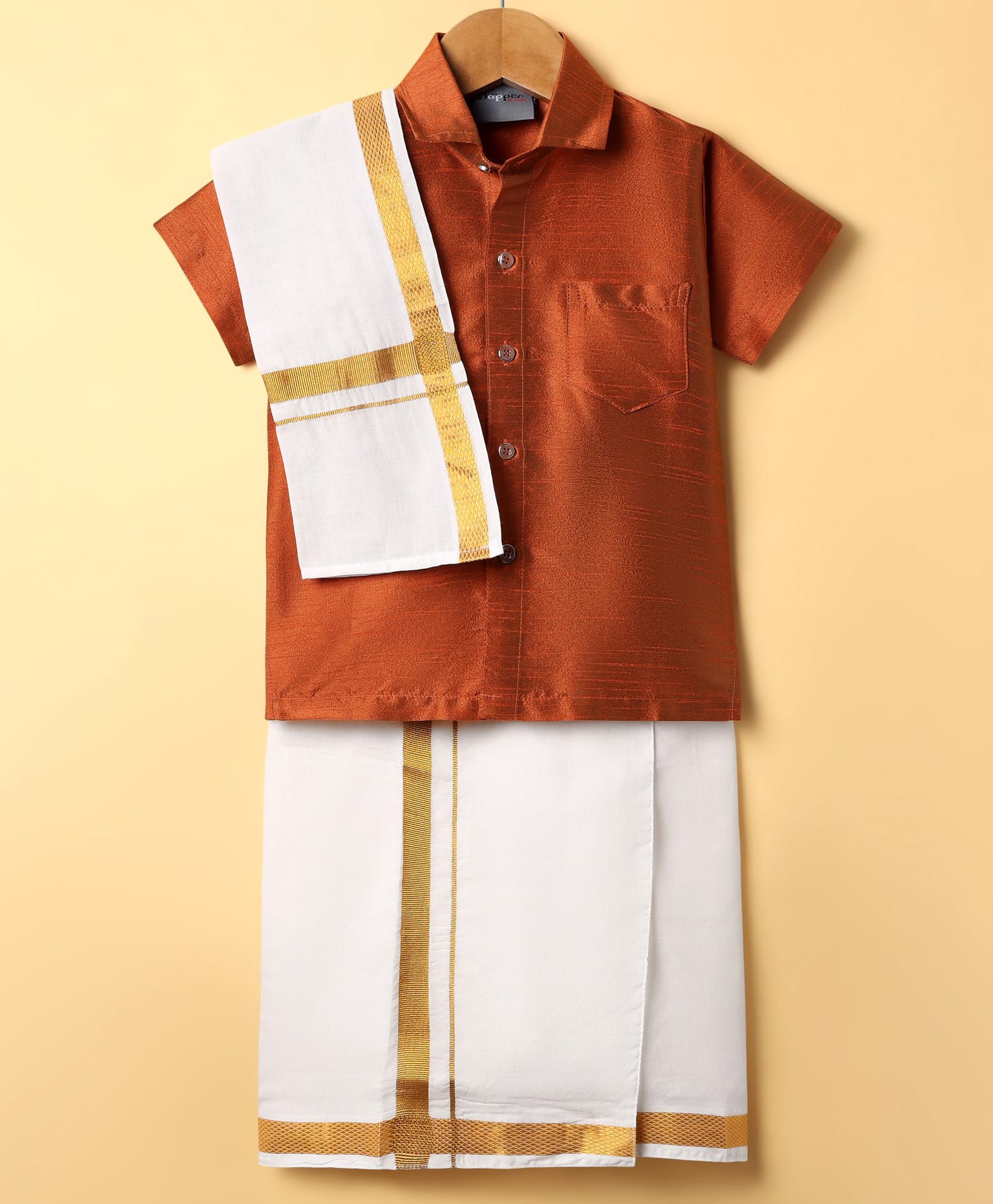 Dapper Dudes Cotton Silk Woven Half Sleeves Solid Shirt With Placement Foil Striped Mundu & Angavastram Set - Brown-image-14