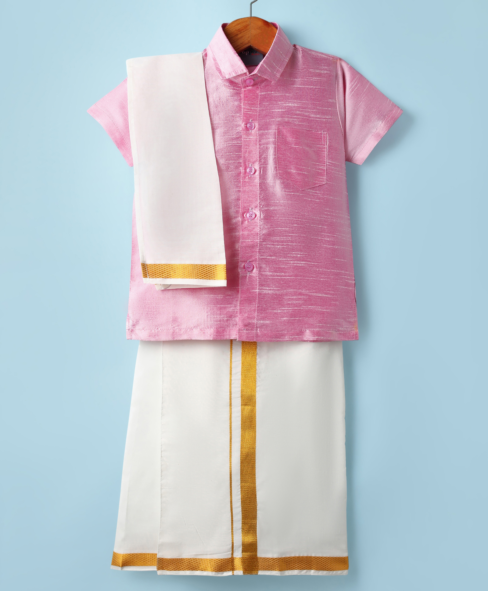 Dapper Dudes Cotton Silk Woven Half Sleeves Solid Shirt With Placement Foil Striped Mundu & Foil Striped Angavastram Set - Baby Pink-image-46