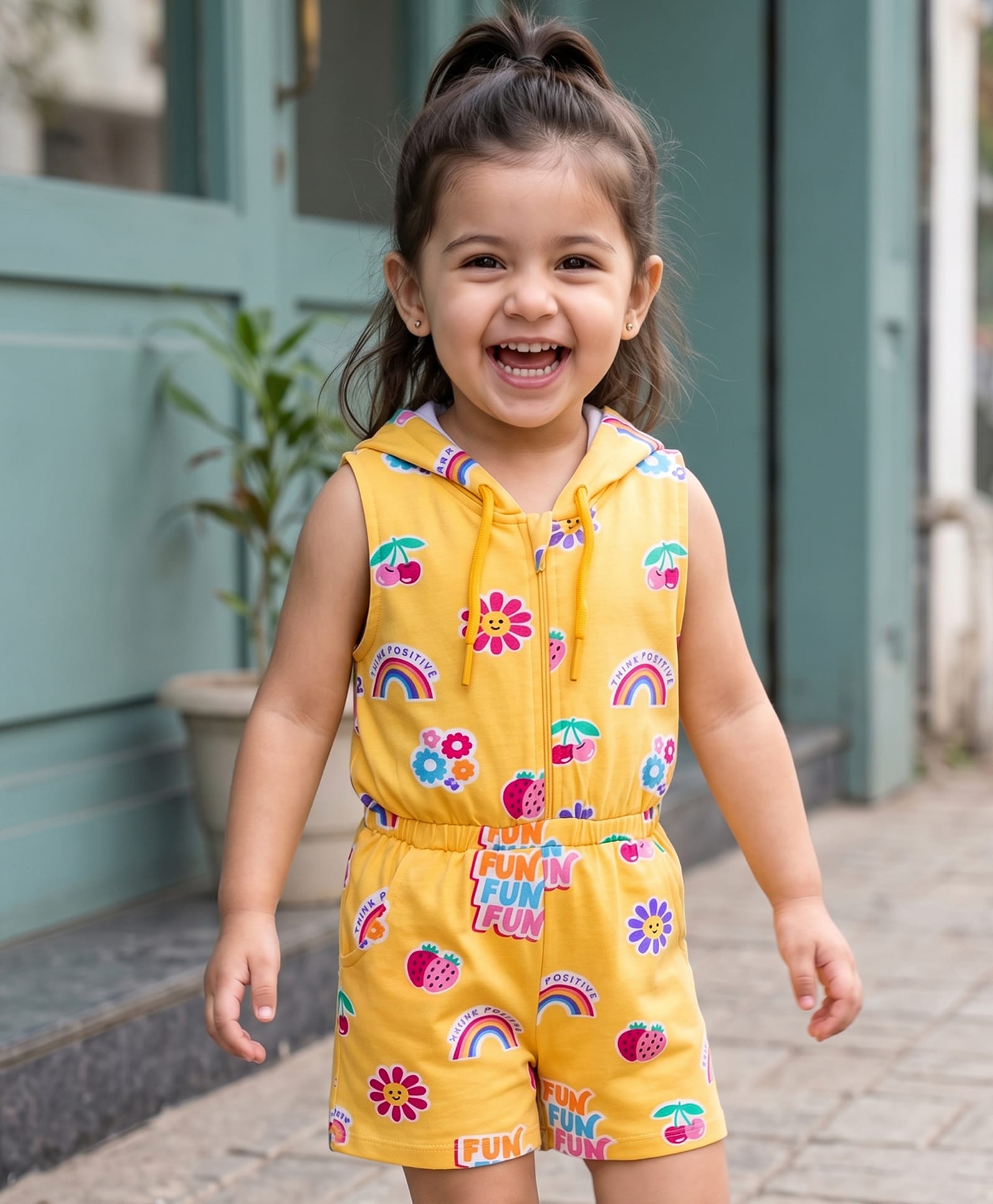 Babyhug Cotton Knit Sleeveless Hooded Jumpsuit With Floral Print - Yellow-picture-17