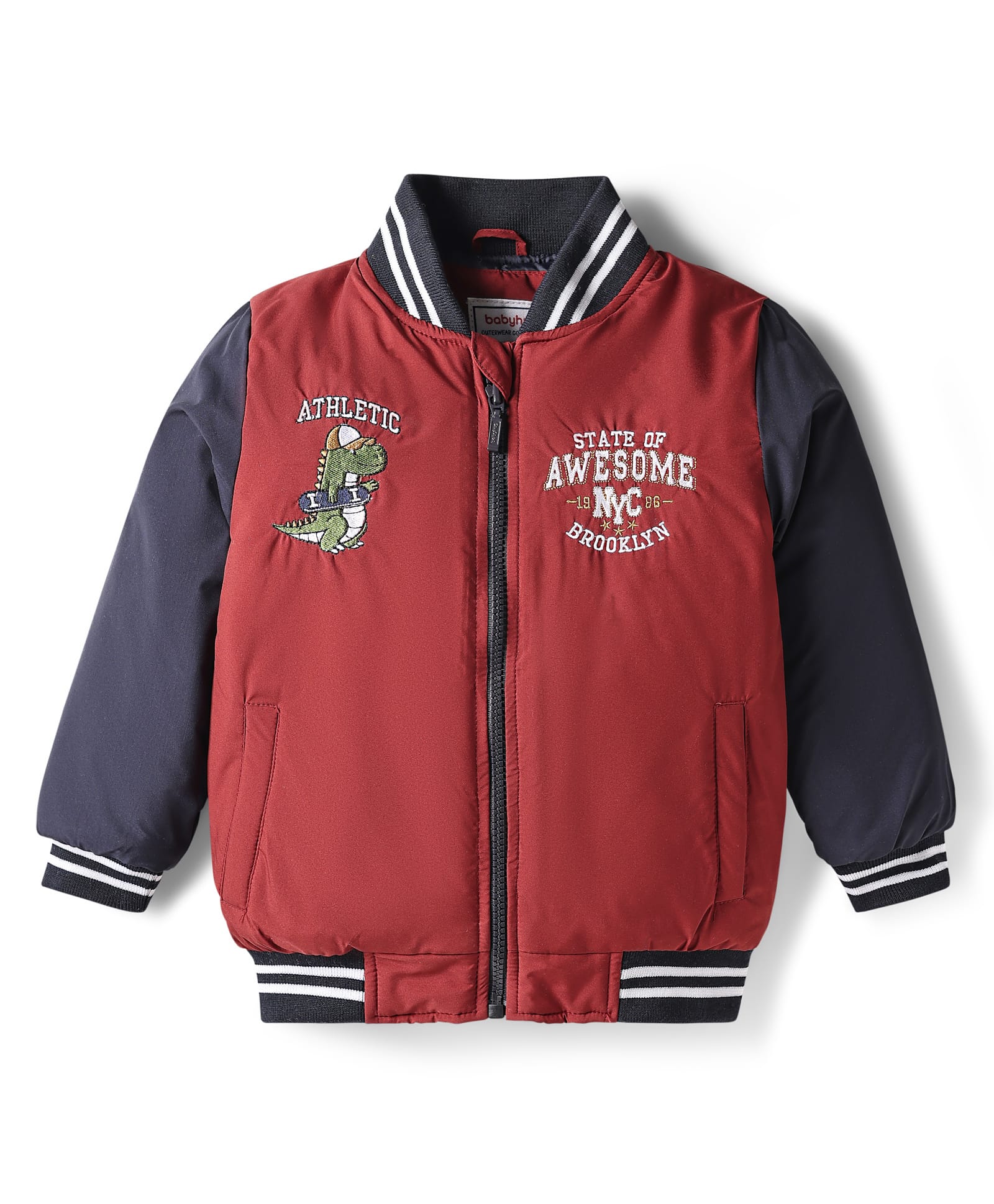 Babyhug Woven Full Sleeves Dino & Text Embroidered Bomber Jacket - Red & Navy Blue-picture-13