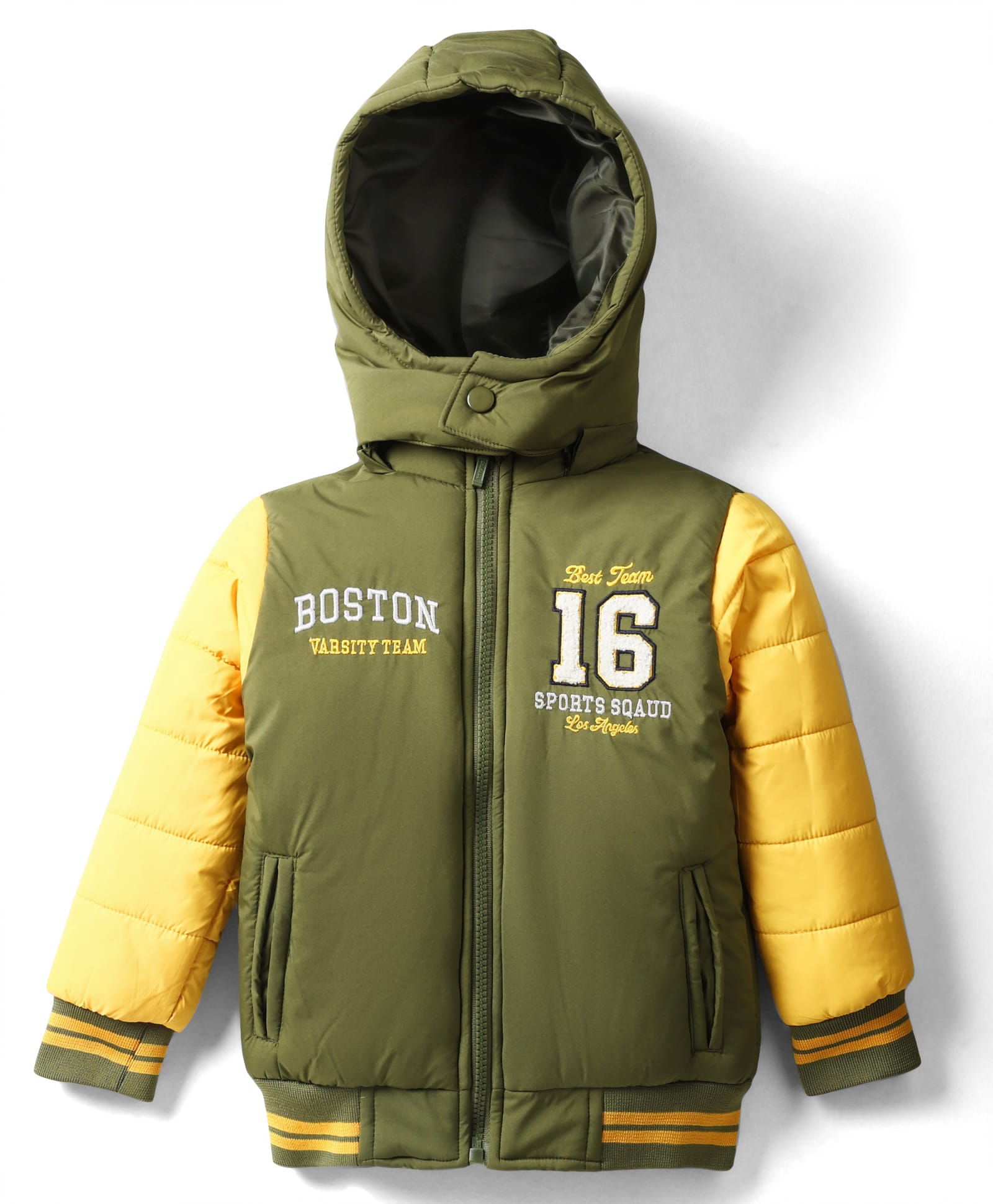 Babyhug Woven Full Sleeves Hooded Padded Jacket With Text Embroidery - Olive Green & Yellow-image-2