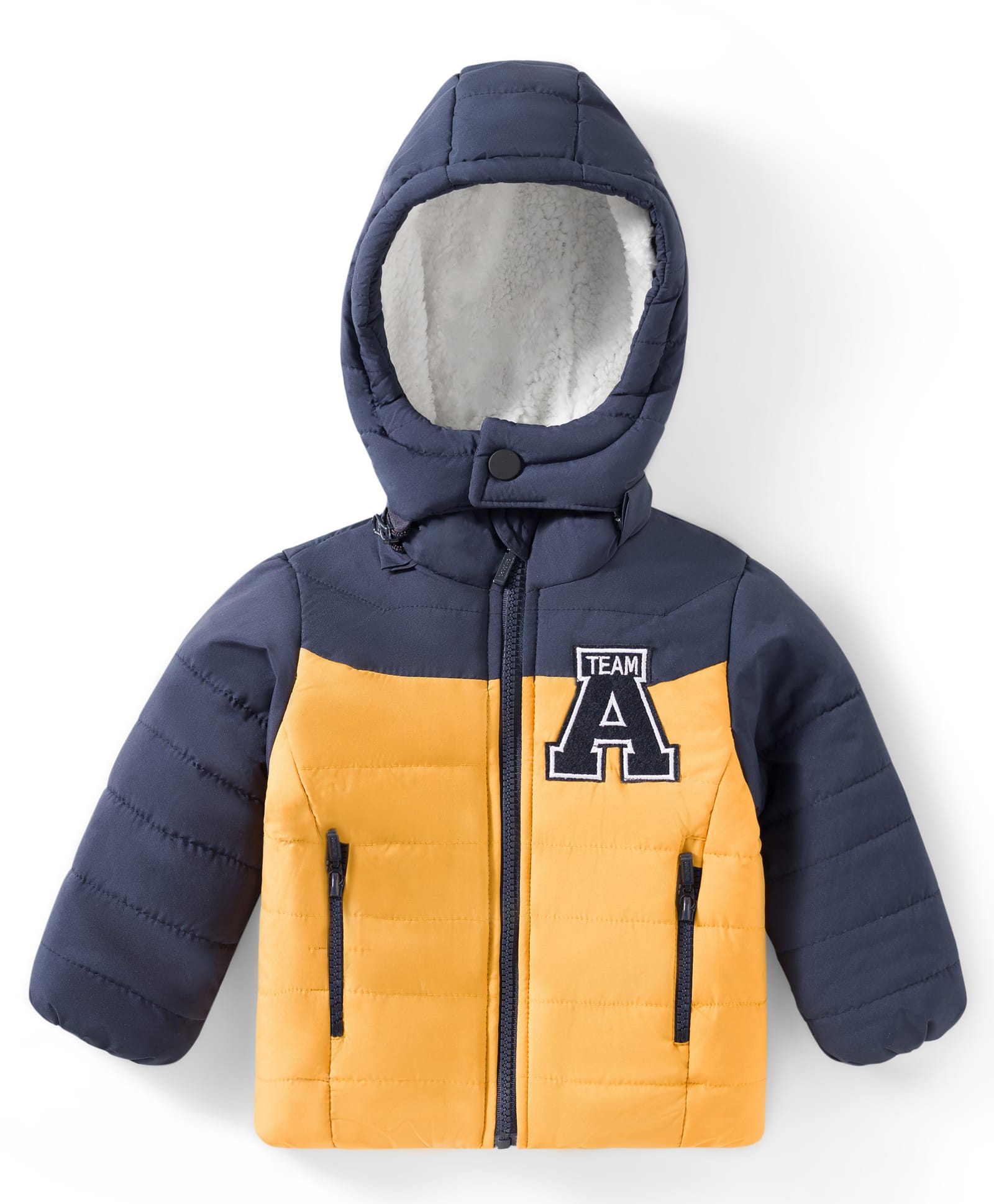 Babyhug Woven Full Sleeves Padded Jacket with Detachable Hood & Color Block Design - Navy Blue & Yellow-image-38
