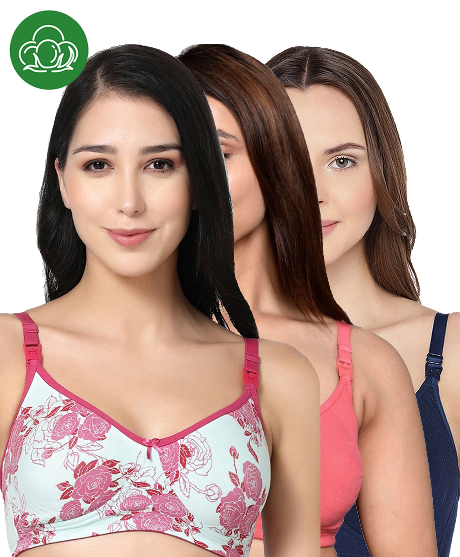 Inner Sense Organic Cotton Knit Pack Of 3 Solid & Floral Printed Antimicrobial Maternity Bras With Nursing Access - Multi Colour-picture-13