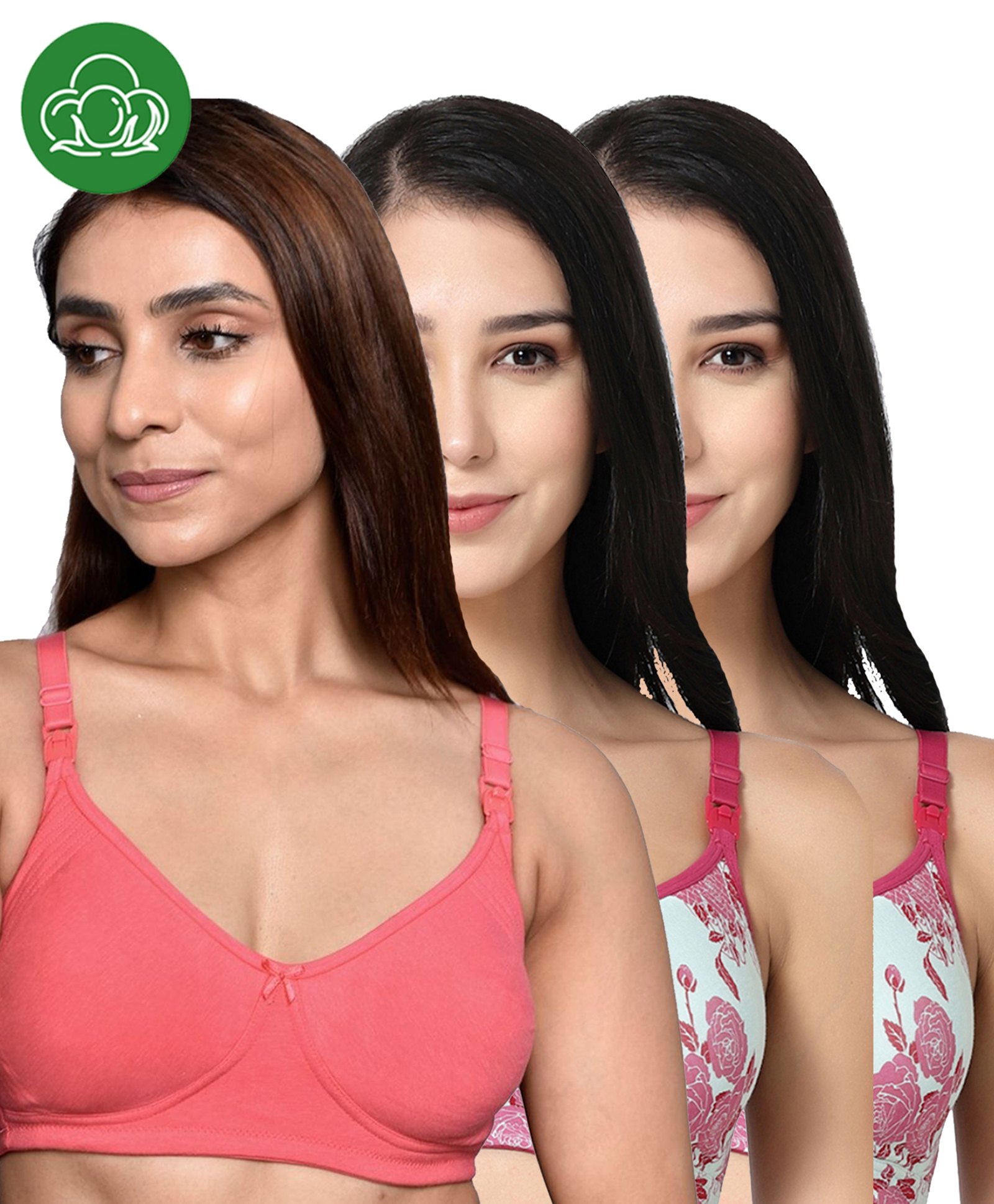 Inner Sense Organic Cotton Knit Pack Of 3 Solid & Floral Printed Antimicrobial Maternity Bras With Nursing Access - Multi Colour-picture-18