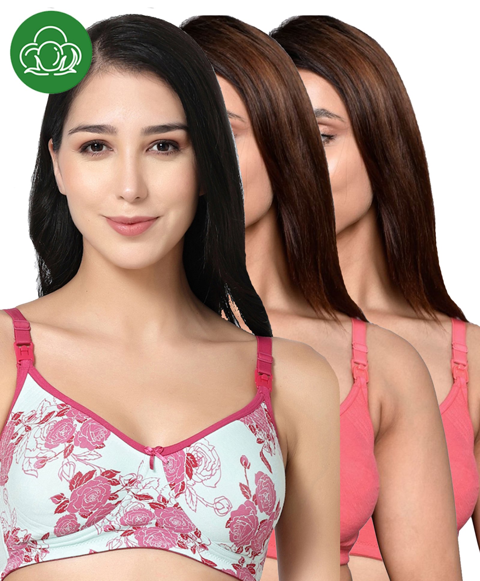 Inner Sense Organic Cotton Knit Pack Of 3 Solid & Floral Printed Antimicrobial Maternity Bras With Nursing Access - Multi Colour-picture-10