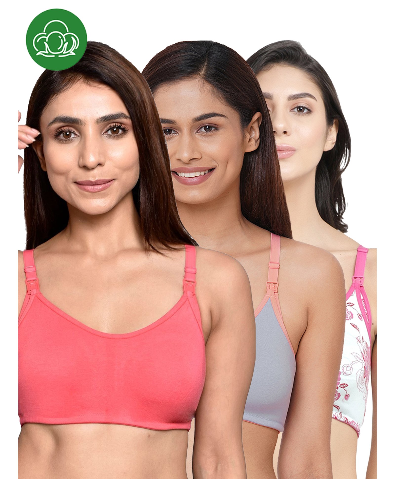 Inner Sense Organic Cotton Knit Pack Of 3 Solid & Floral Printed Antimicrobial Maternity Bras With Nursing Access - Multi Colour-image-42