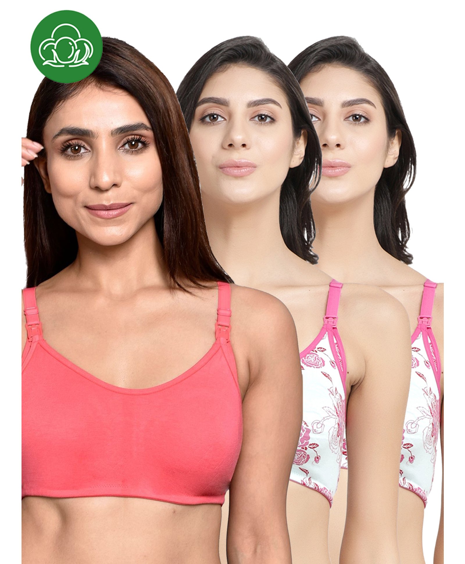 Inner Sense Organic Cotton Knit Pack Of 3 Solid & Floral Printed Antimicrobial Maternity Bras With Nursing Access - Multi Colour-picture-18